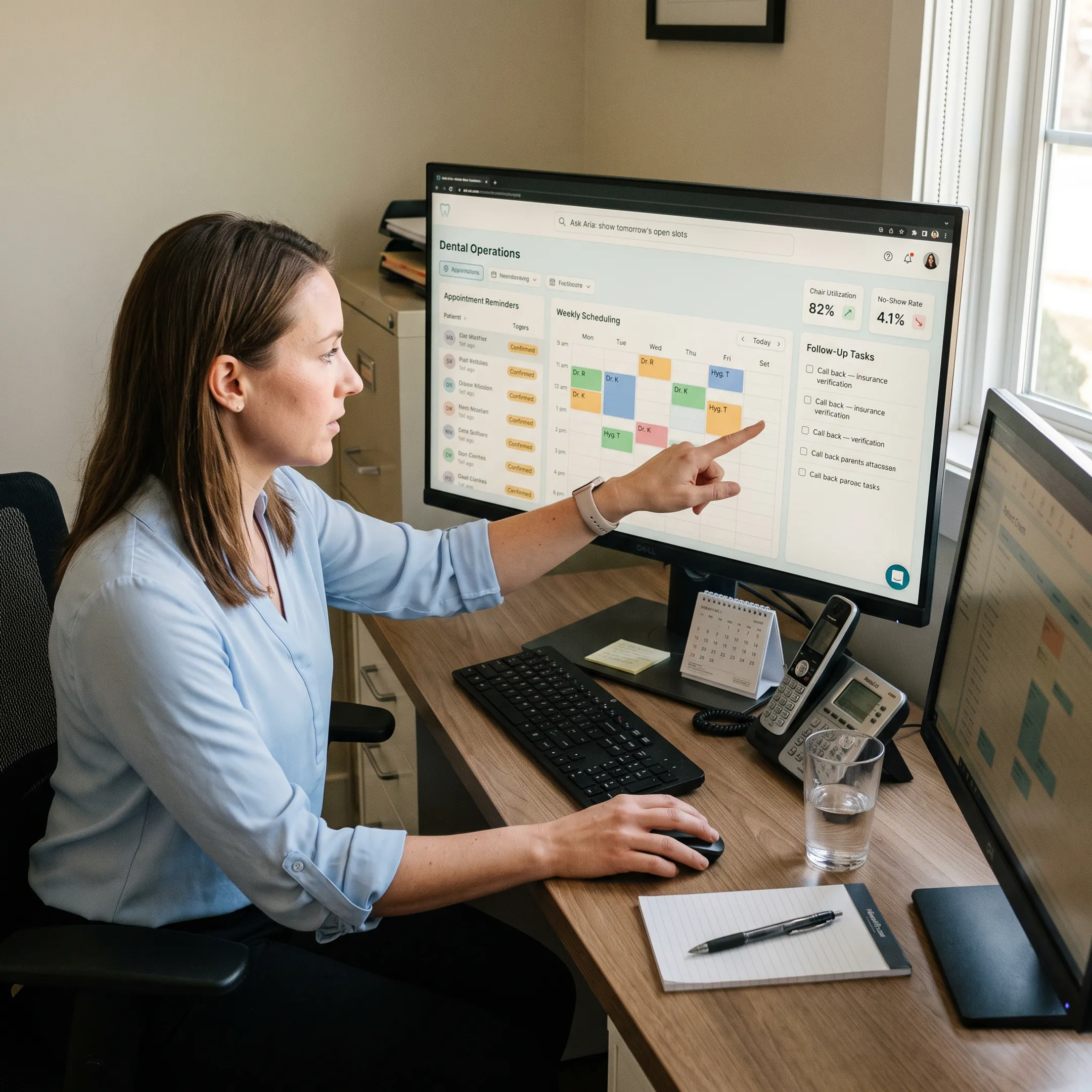 Dental staff managing SMS appointment reminders and patient follow-up