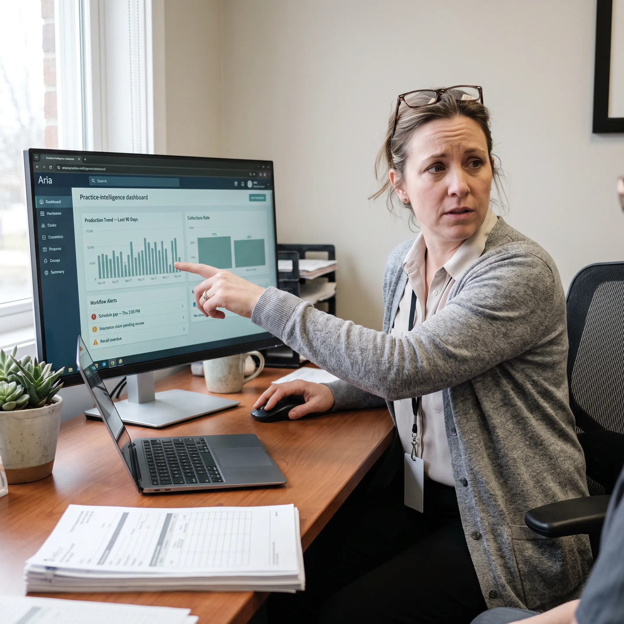Dental practice manager viewing connected analytics and workflow recommendations