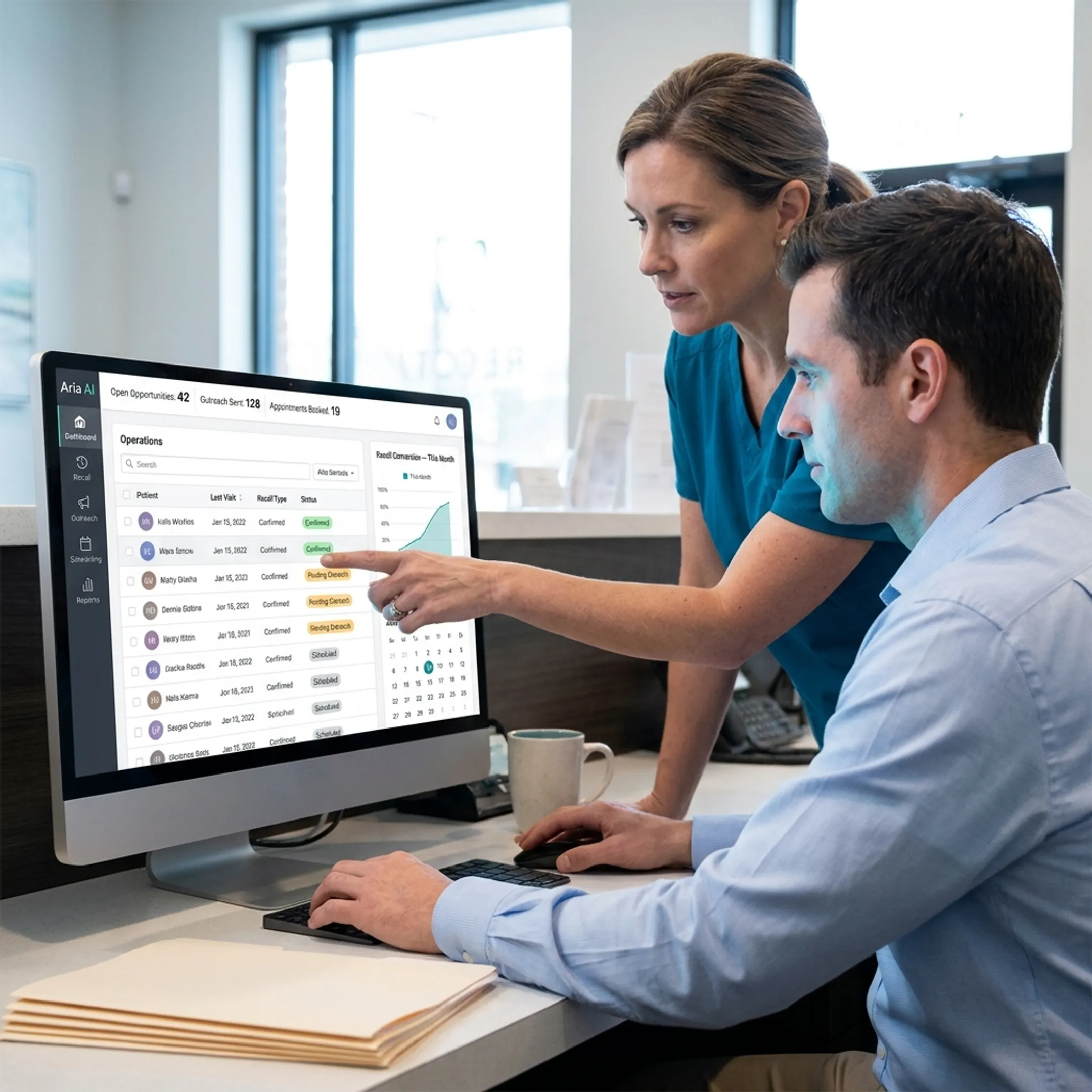 Dental staff reviewing connected patient communication insights on a computer