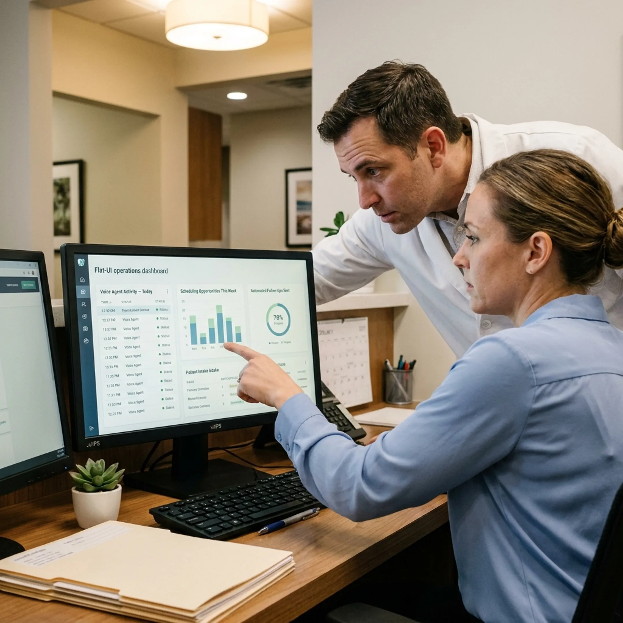 Dental team reviewing AI-powered patient communication and practice operations