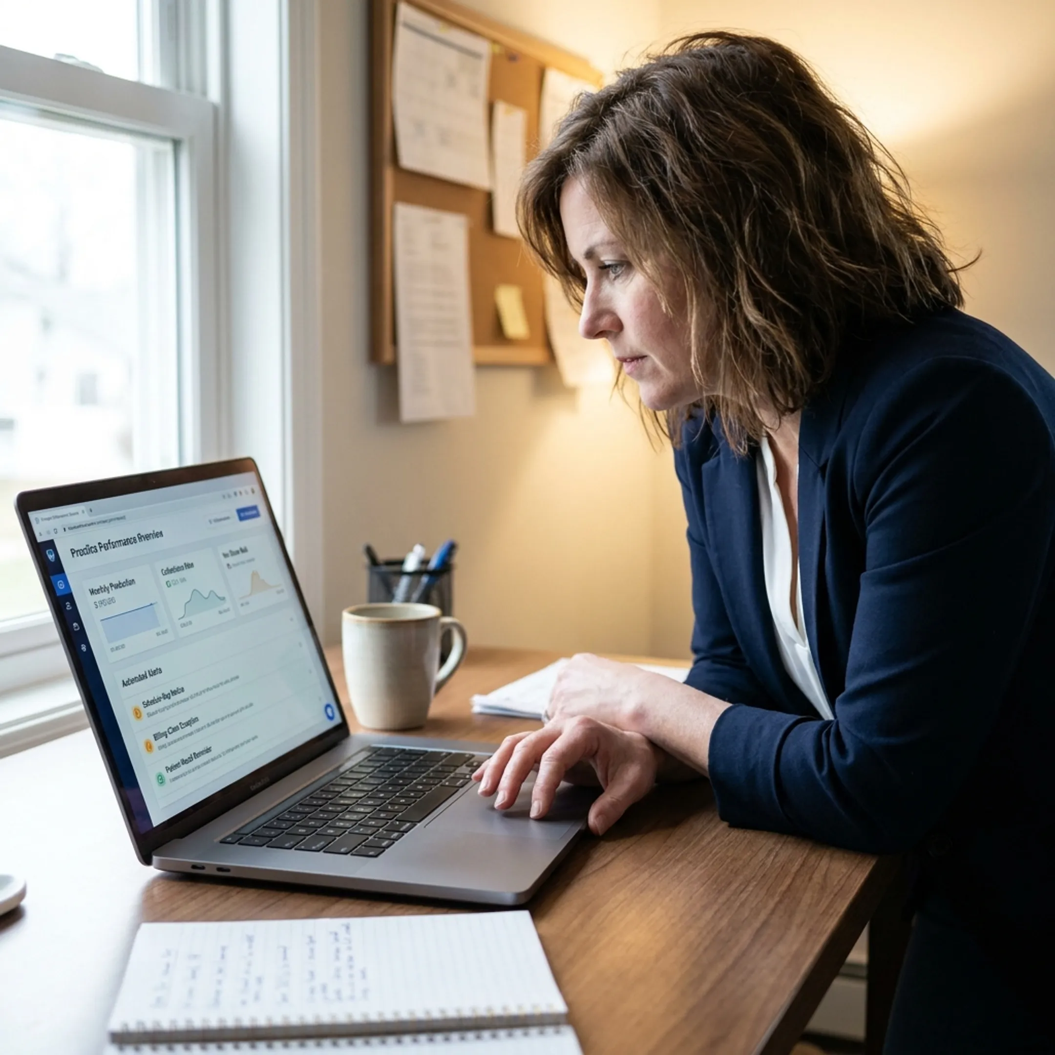 Dental operations manager viewing connected practice performance reports