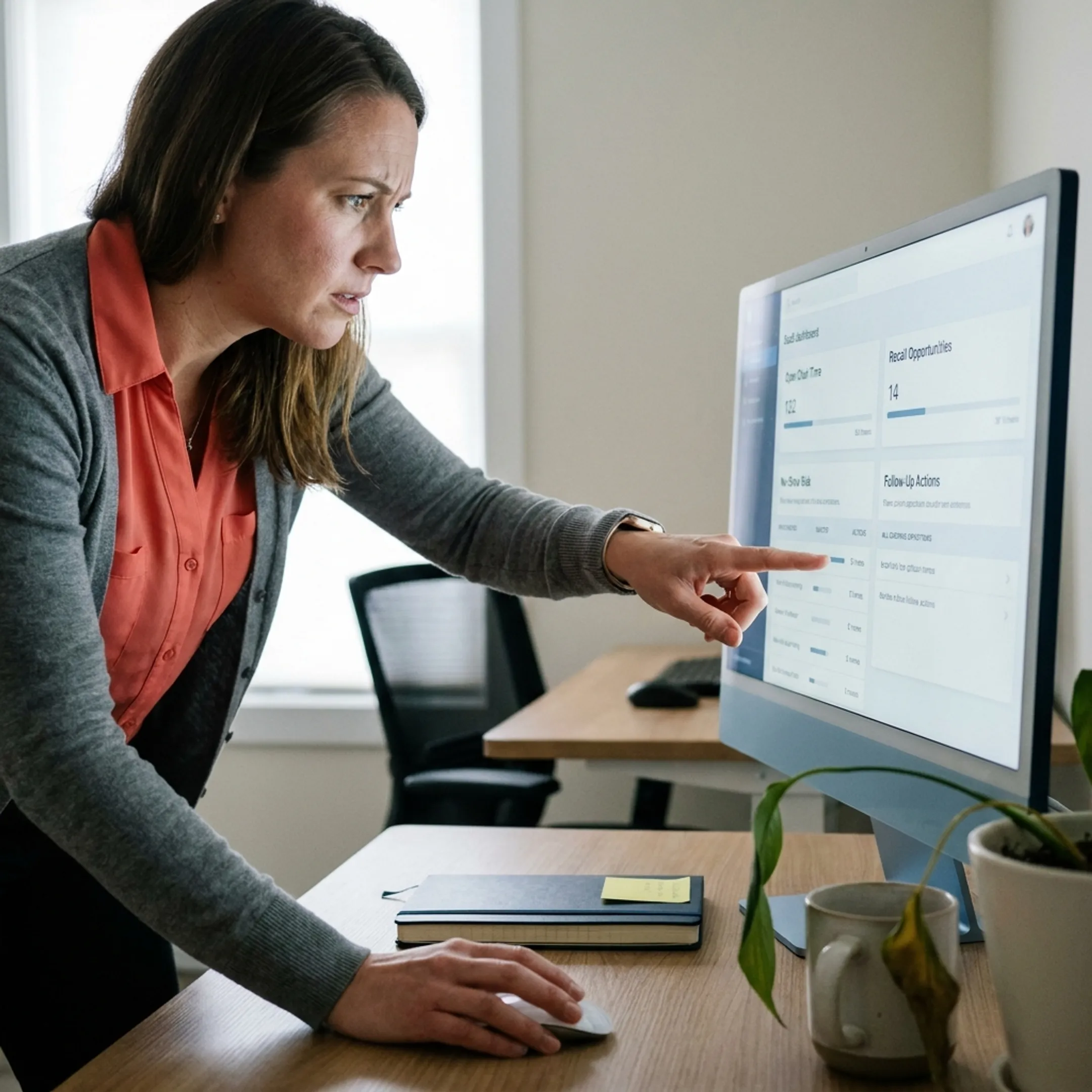 Dental office manager reviewing AI scheduling recommendations and patient follow-up tasks