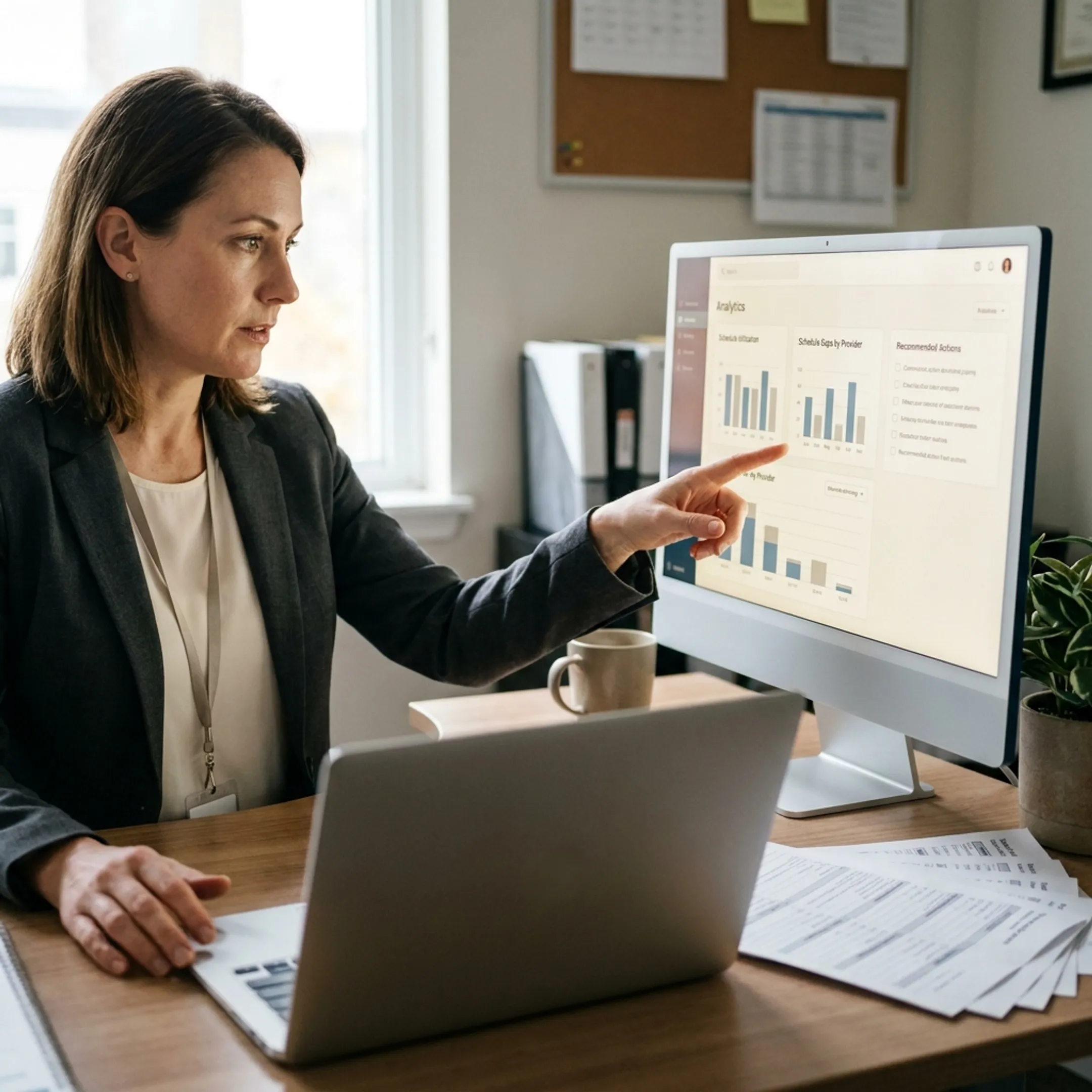 Dental practice leader viewing connected operational analytics and recommended actions