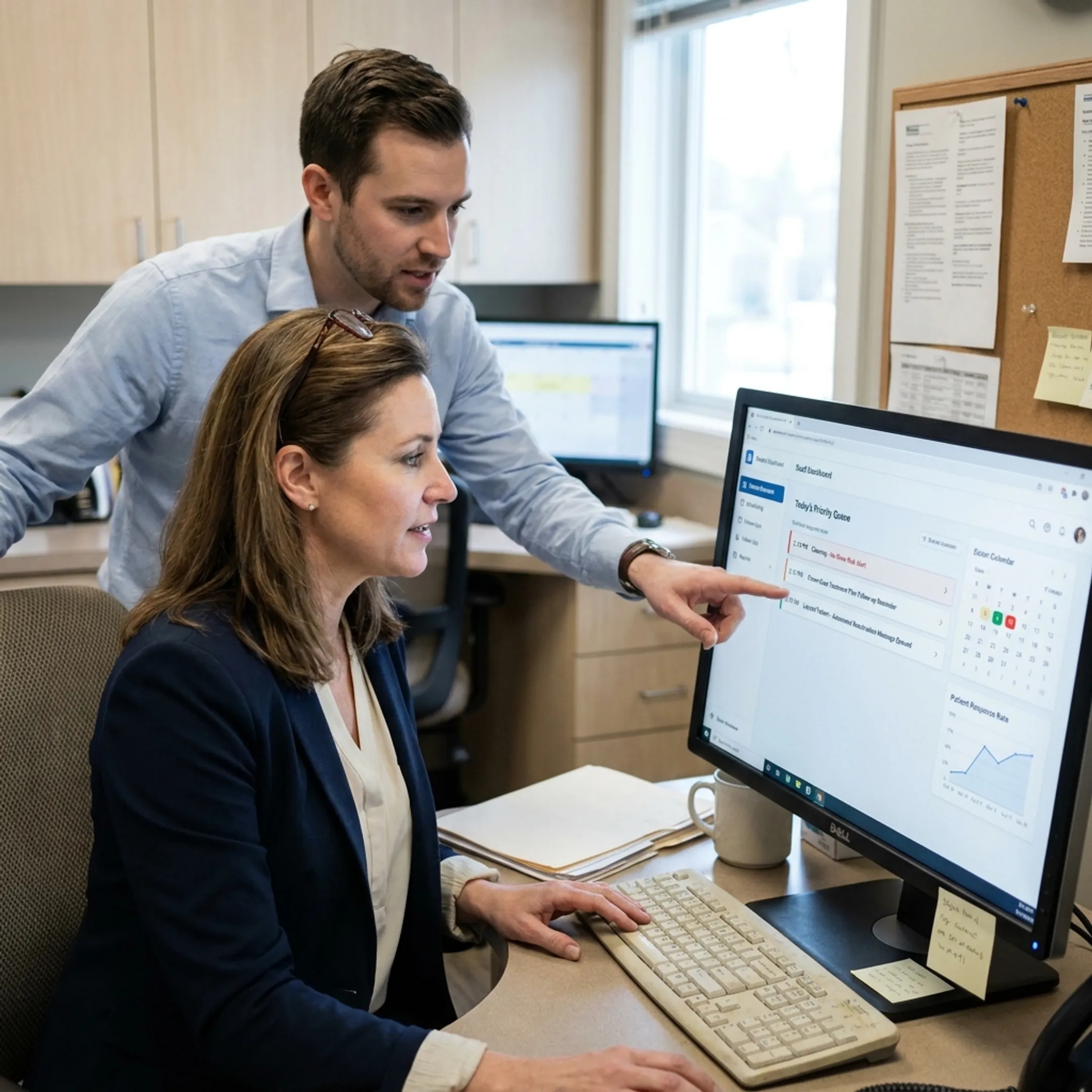 Dental staff managing patient engagement workflows through connected software