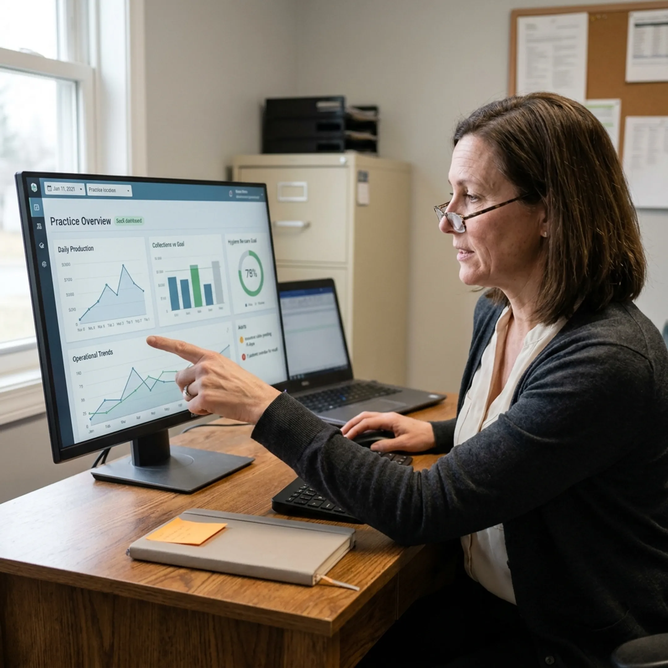 Dental operator viewing connected practice intelligence dashboard