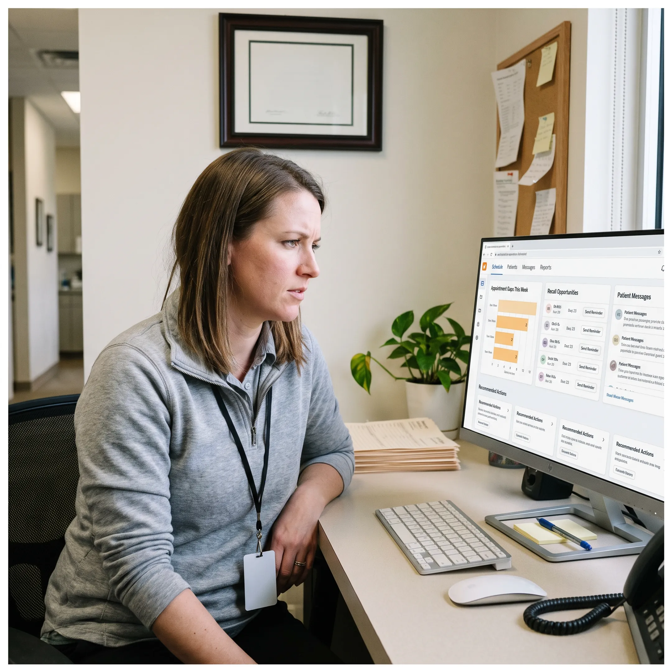 Dental practice manager viewing connected scheduling and patient engagement insights