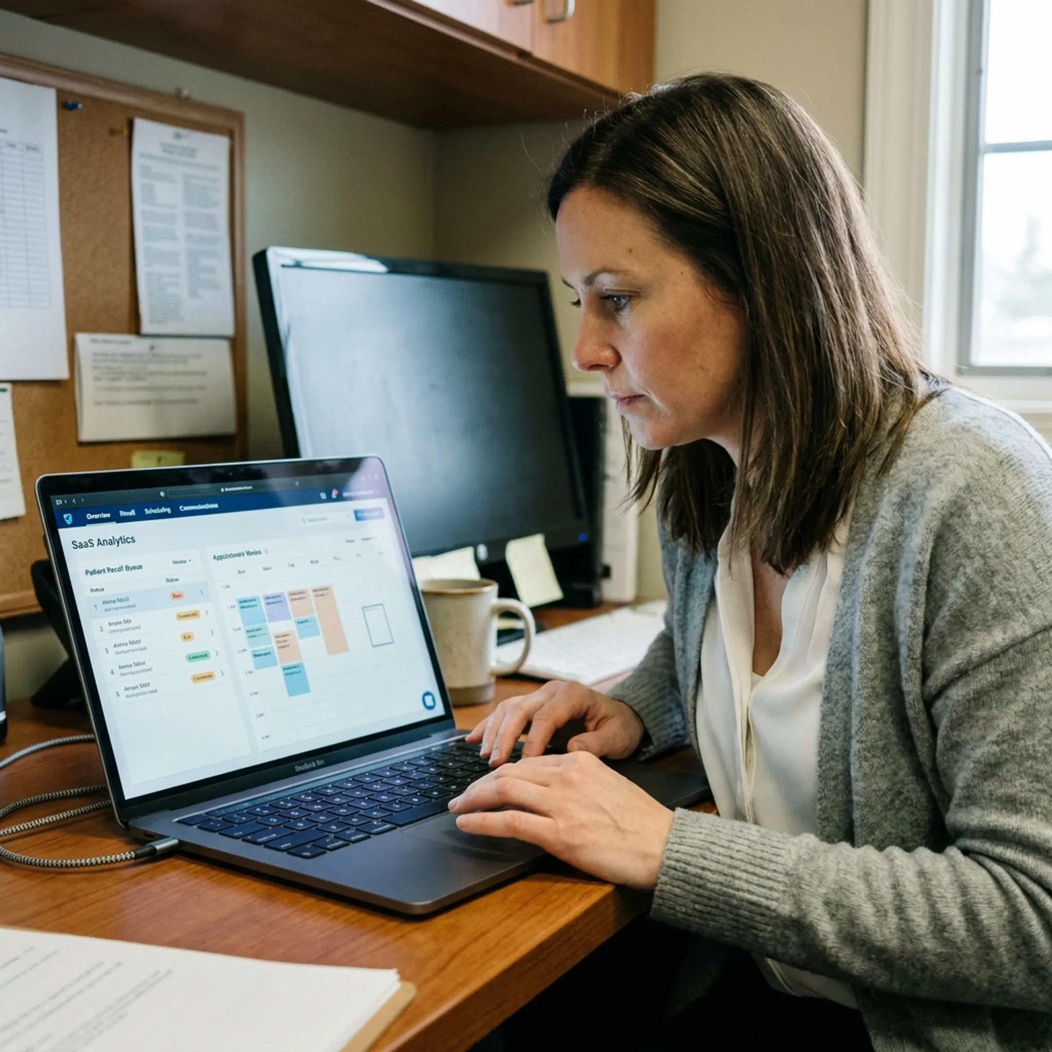 Dental practice manager reviewing connected patient communication workflows