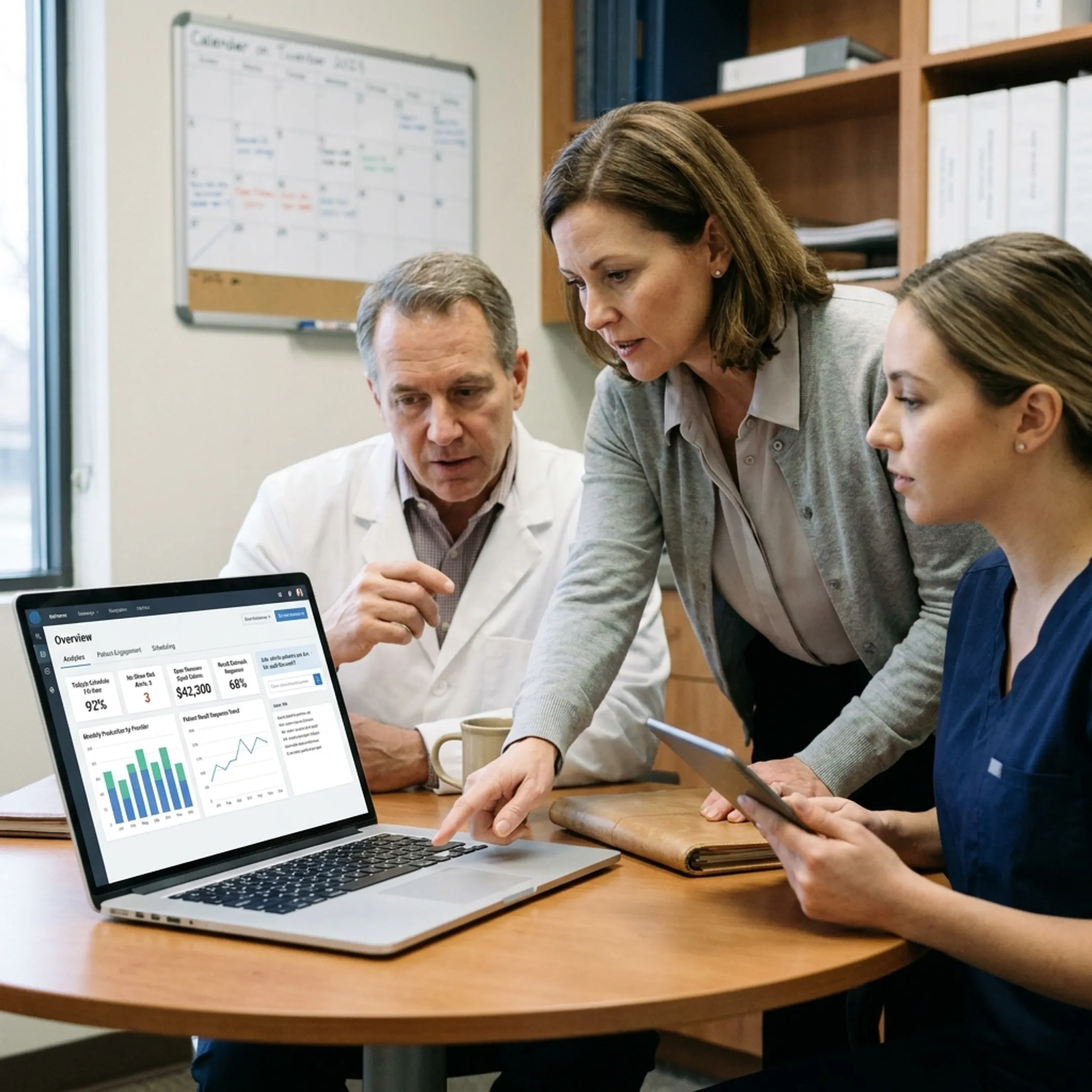 Dental team reviewing an AI-powered operations dashboard