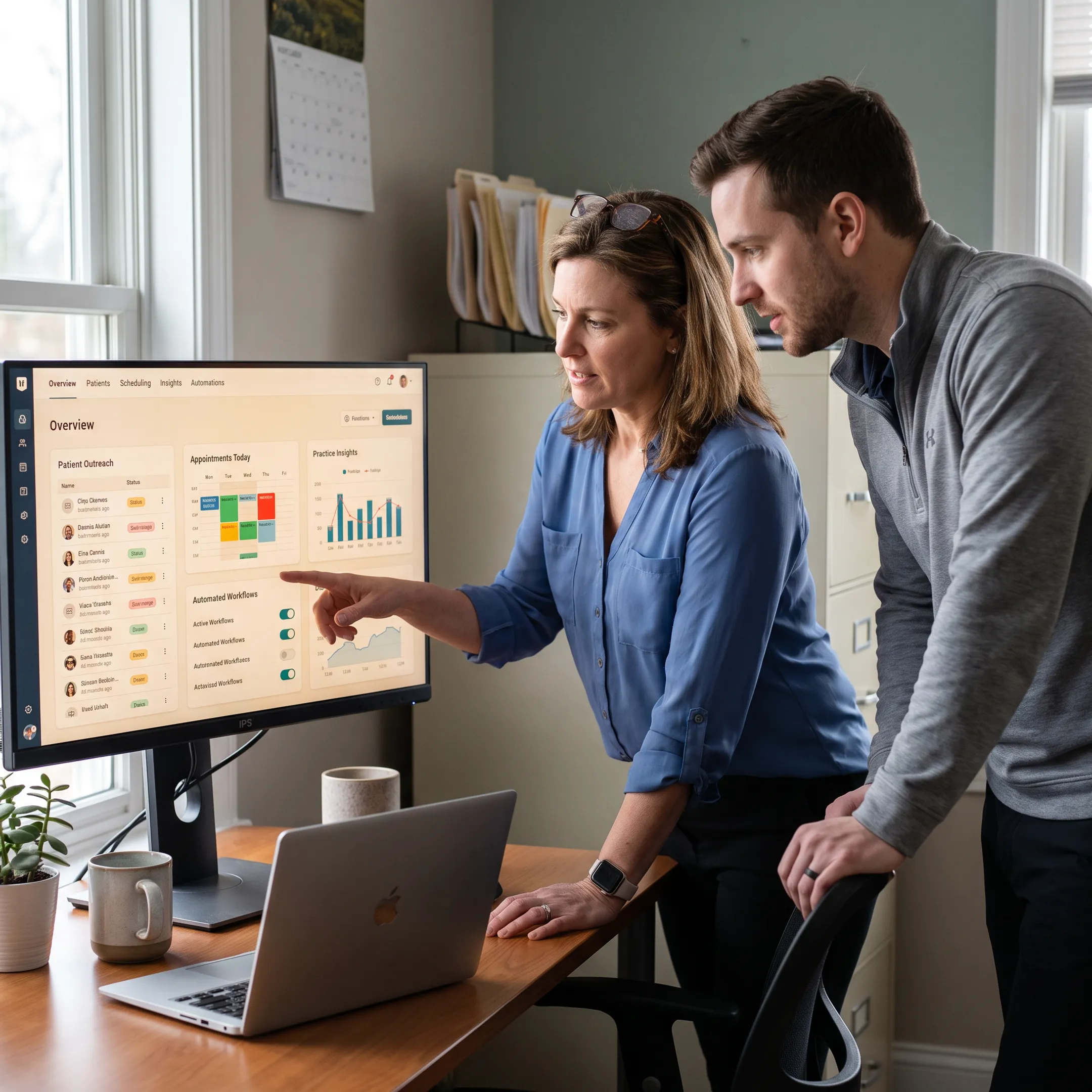 Dental team reviewing connected patient communication and practice data