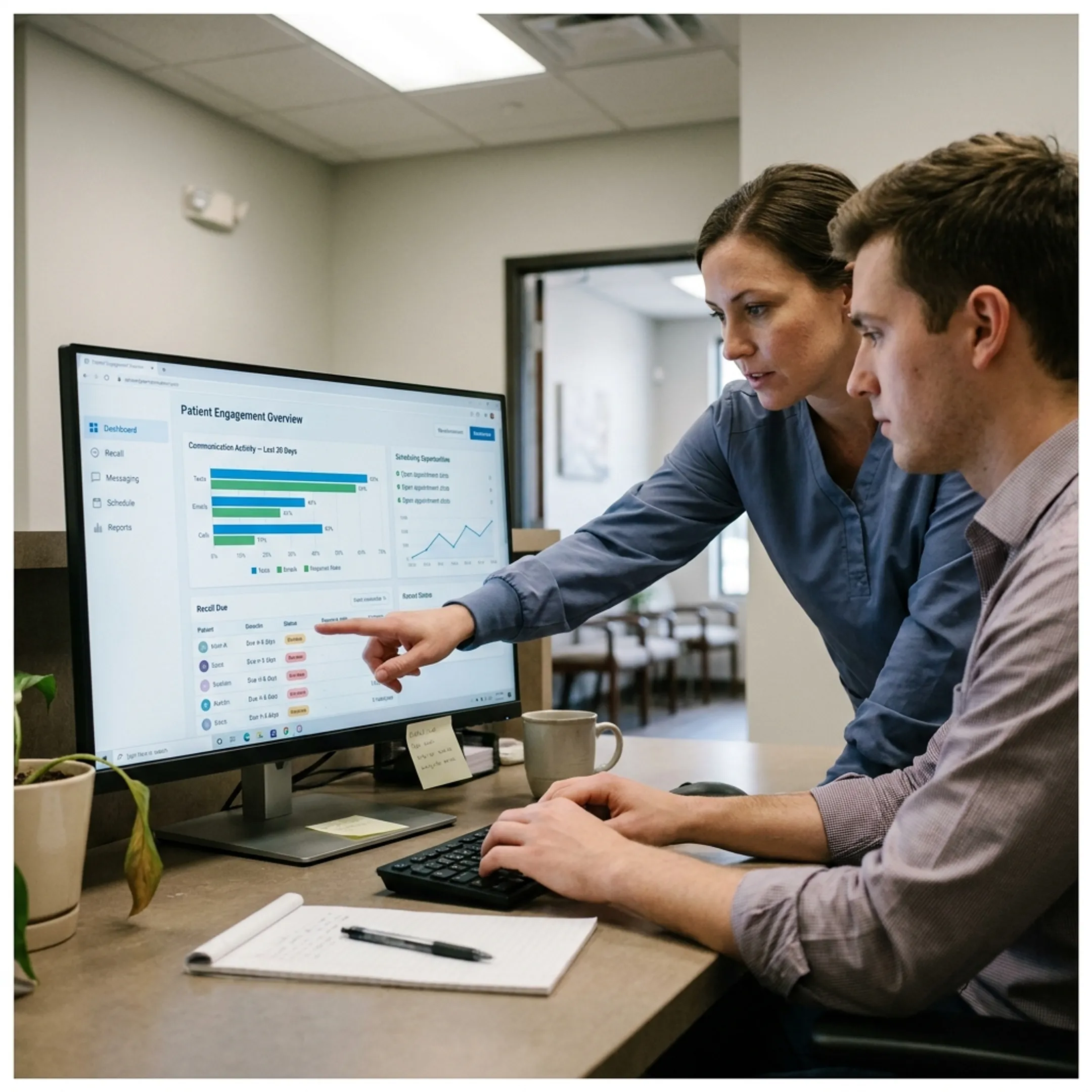 Dental staff coordinating patient outreach through connected engagement software