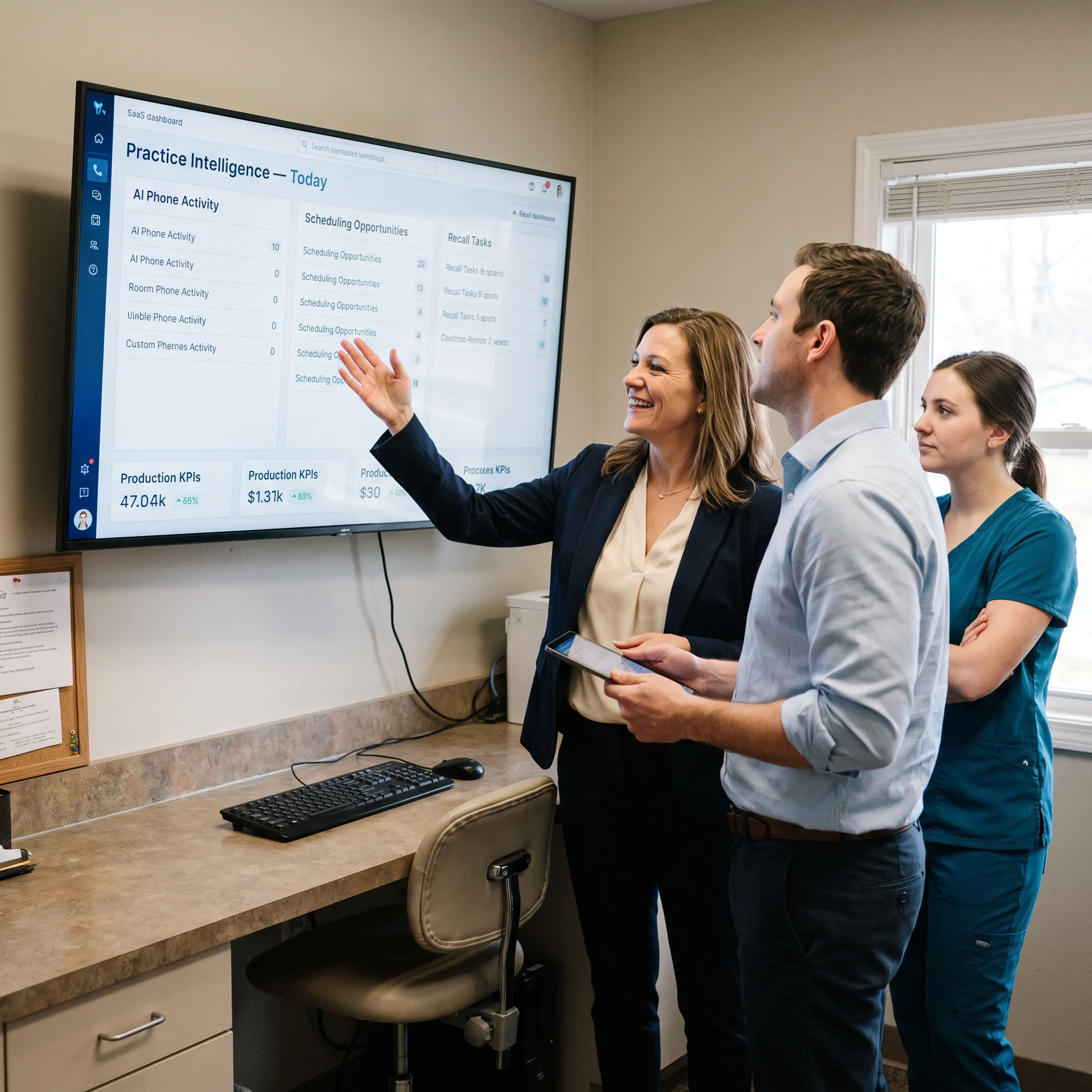 Dental team reviewing AI-powered patient communication and scheduling insights