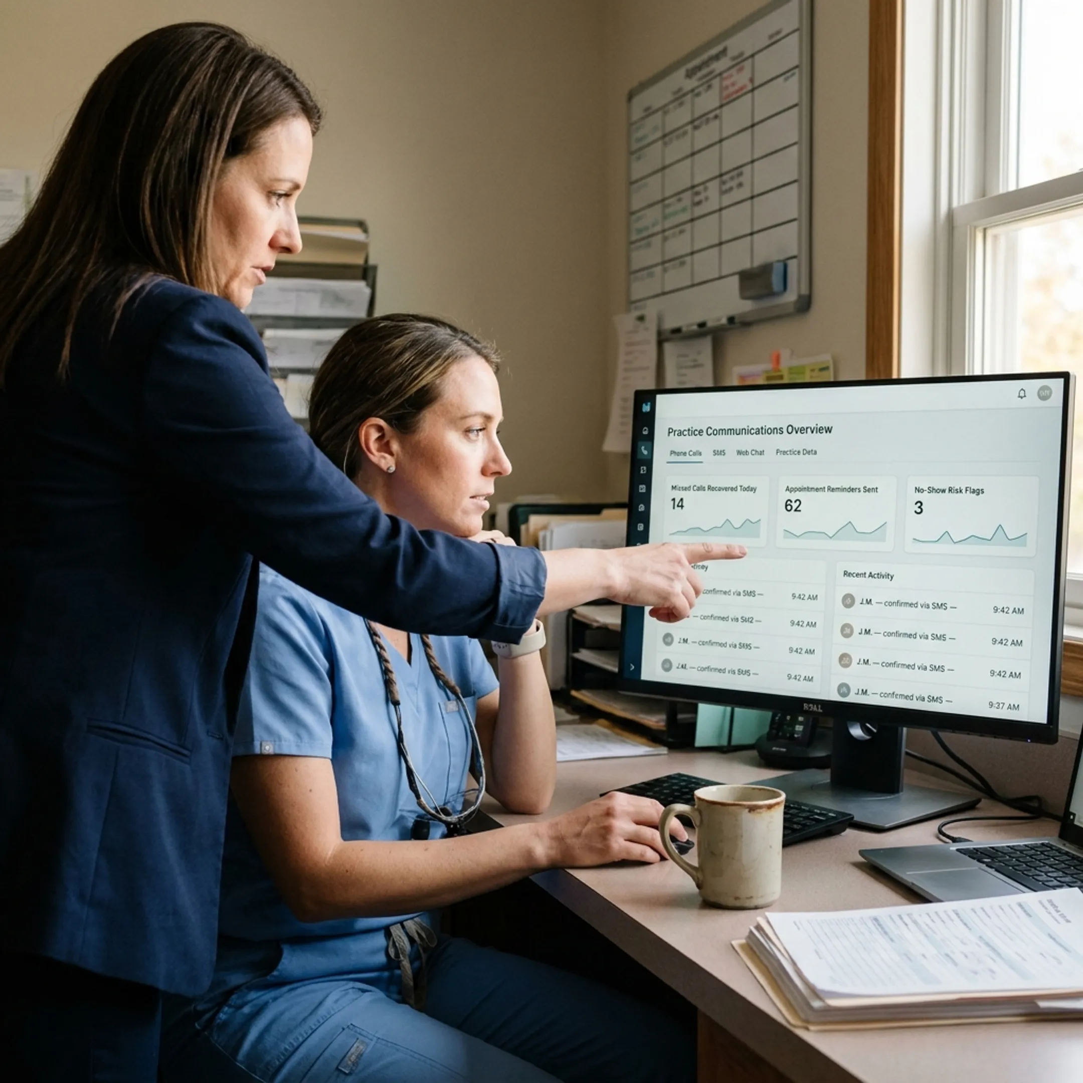 Dental team reviewing AI-assisted patient communication across phone, text, and web chat