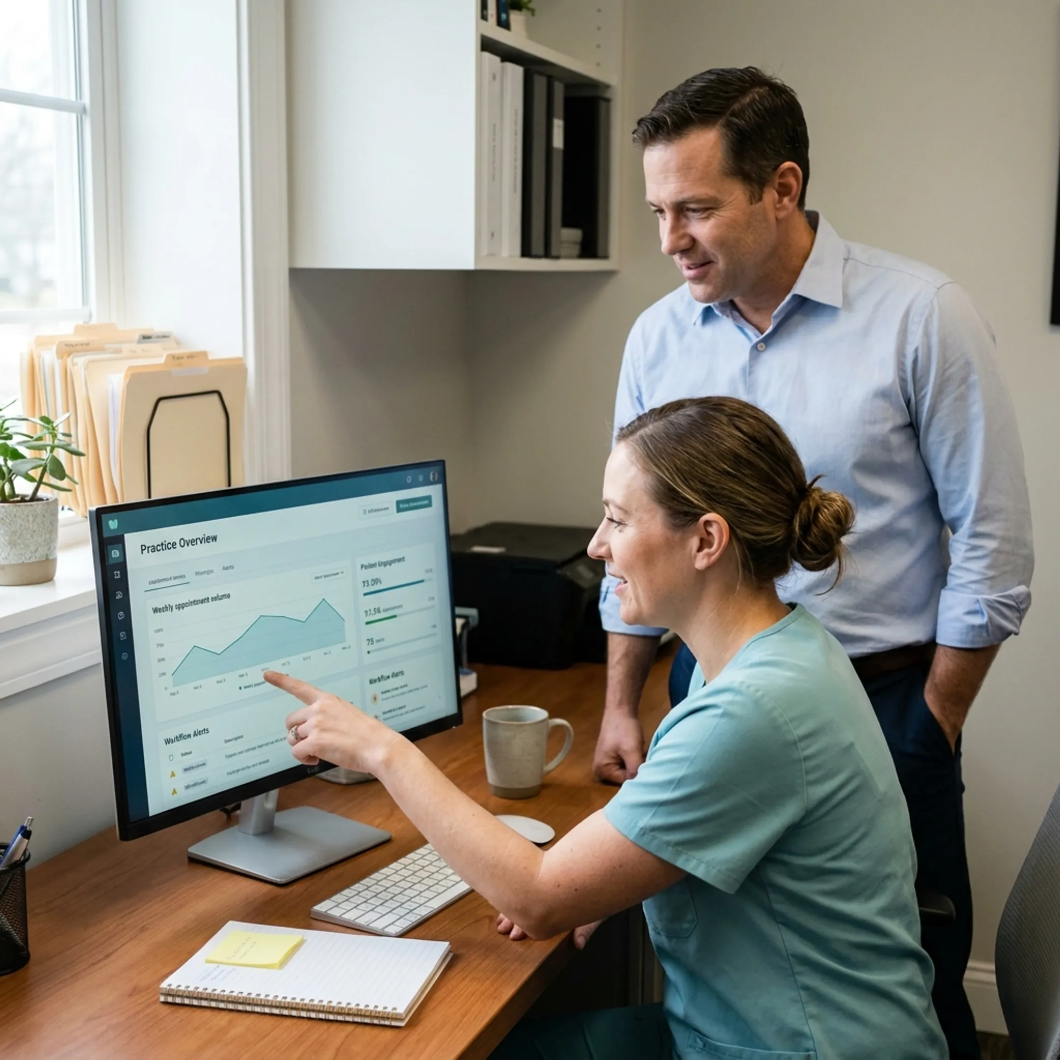 Dental team reviewing connected AI practice operations dashboard