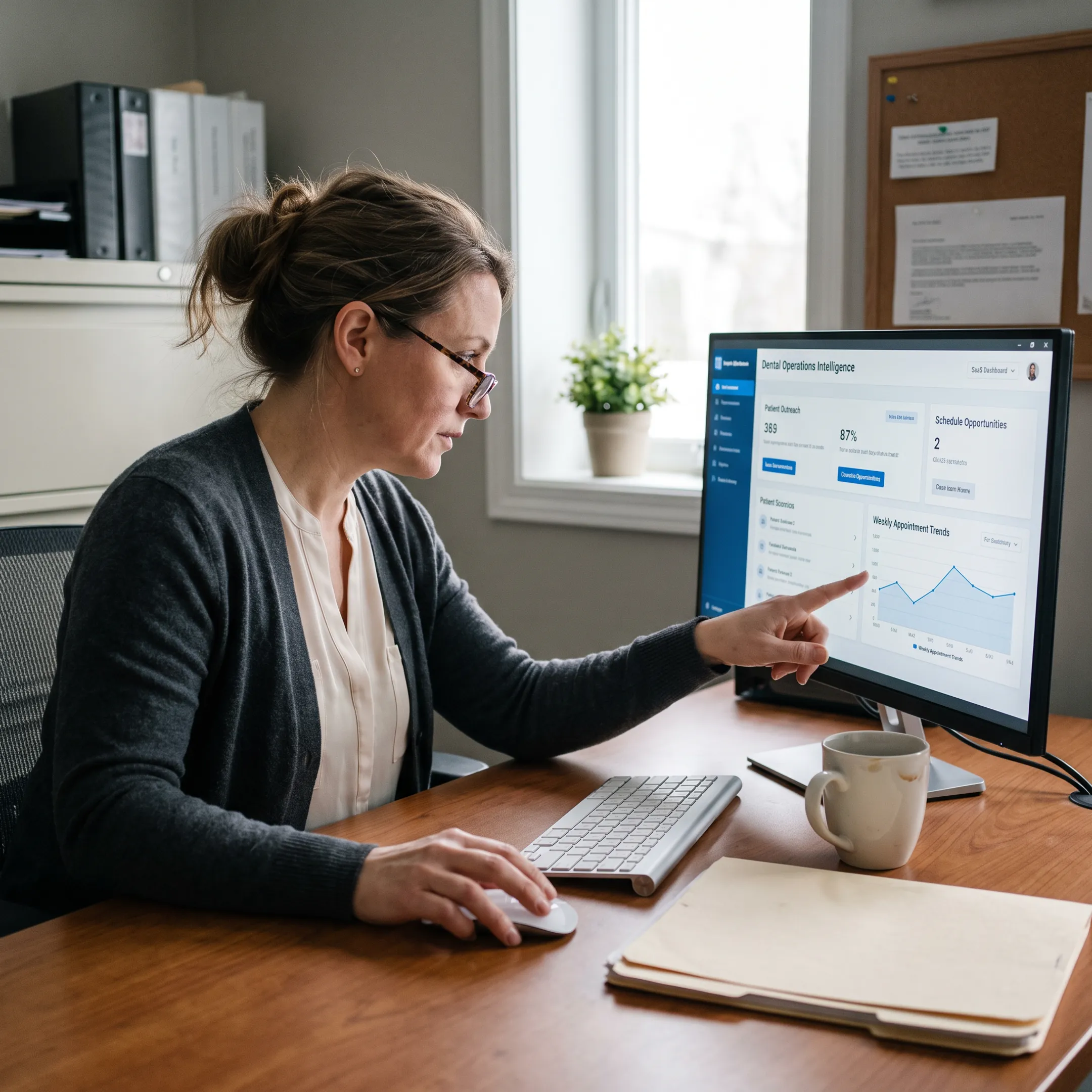 Dental operations manager reviewing connected practice intelligence and automated workflows