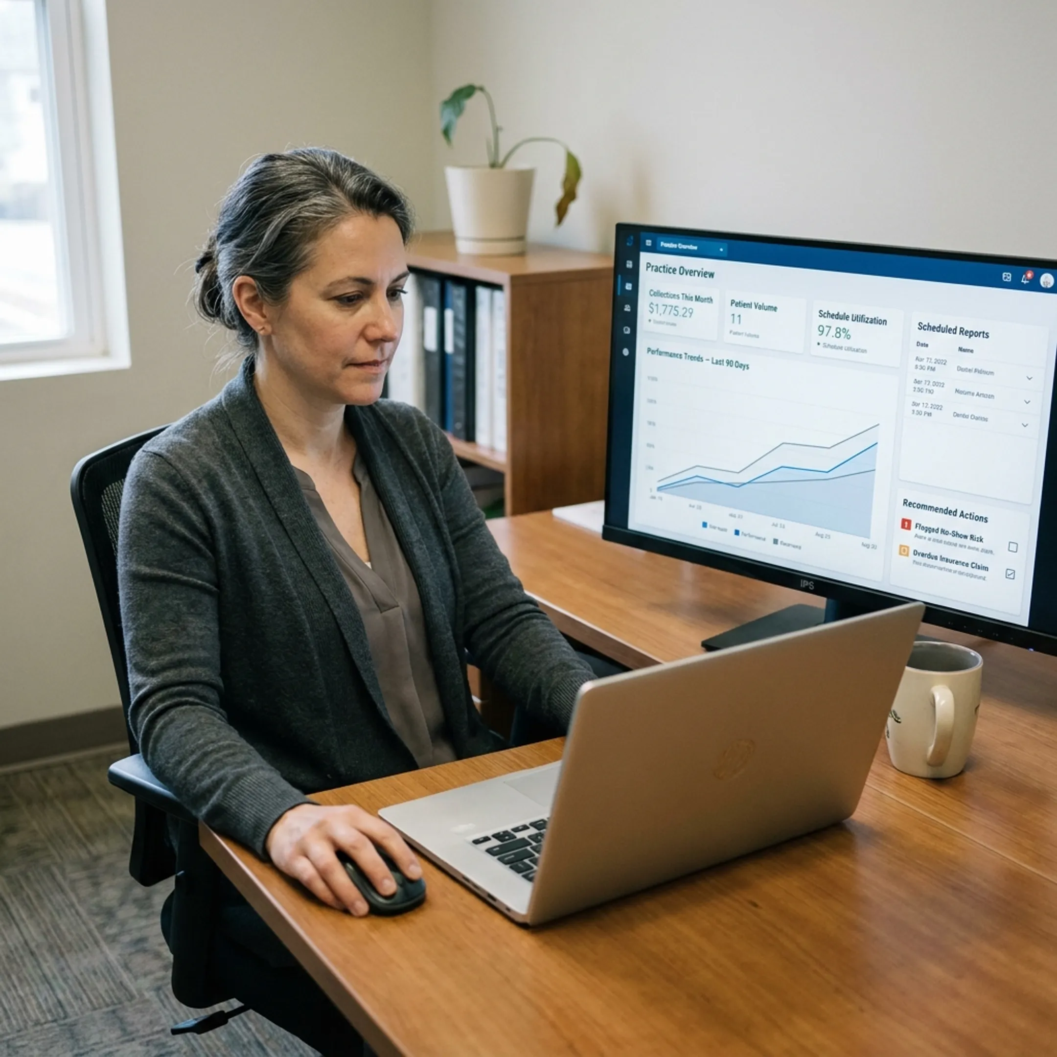 Dental operations manager viewing connected practice intelligence dashboards