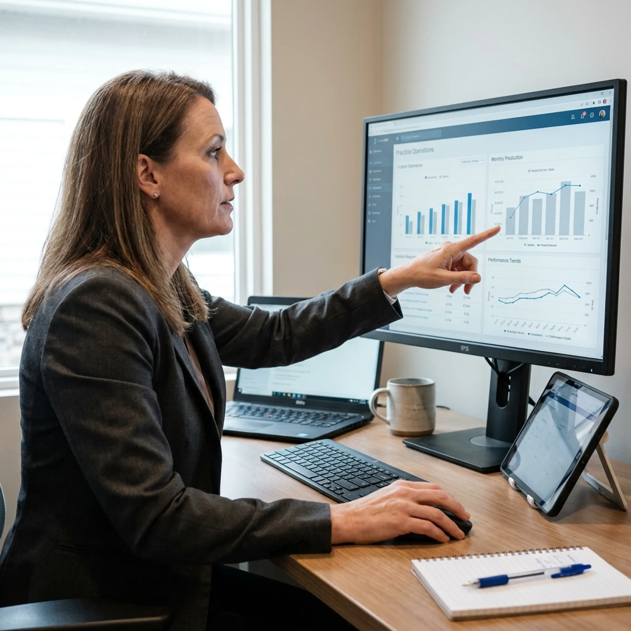 Dental operations leader reviewing connected business intelligence and automated workflow recommendations