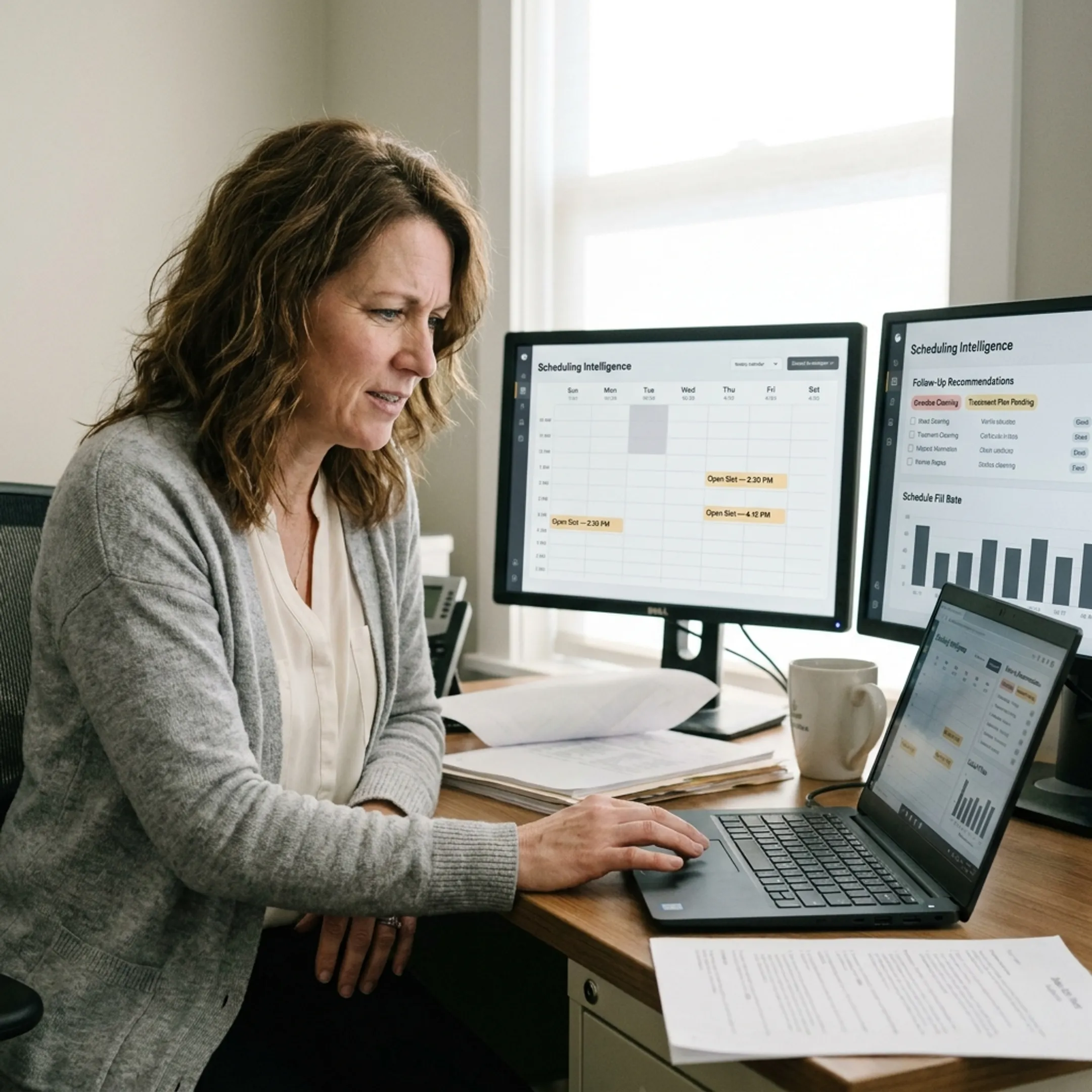 Dental operations manager reviewing appointment opportunities in connected scheduling software