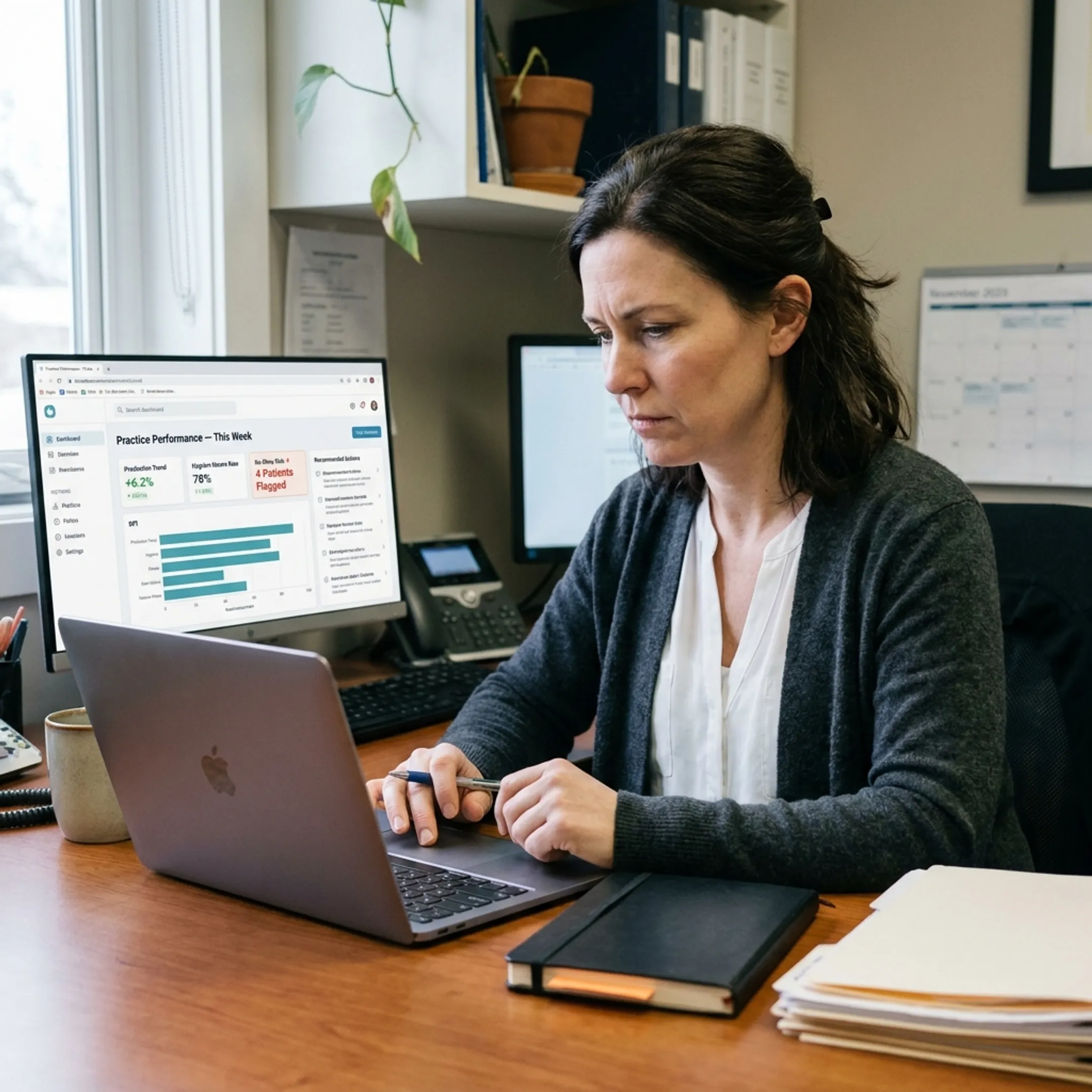 Dental operations manager reviewing actionable analytics and workflow recommendations