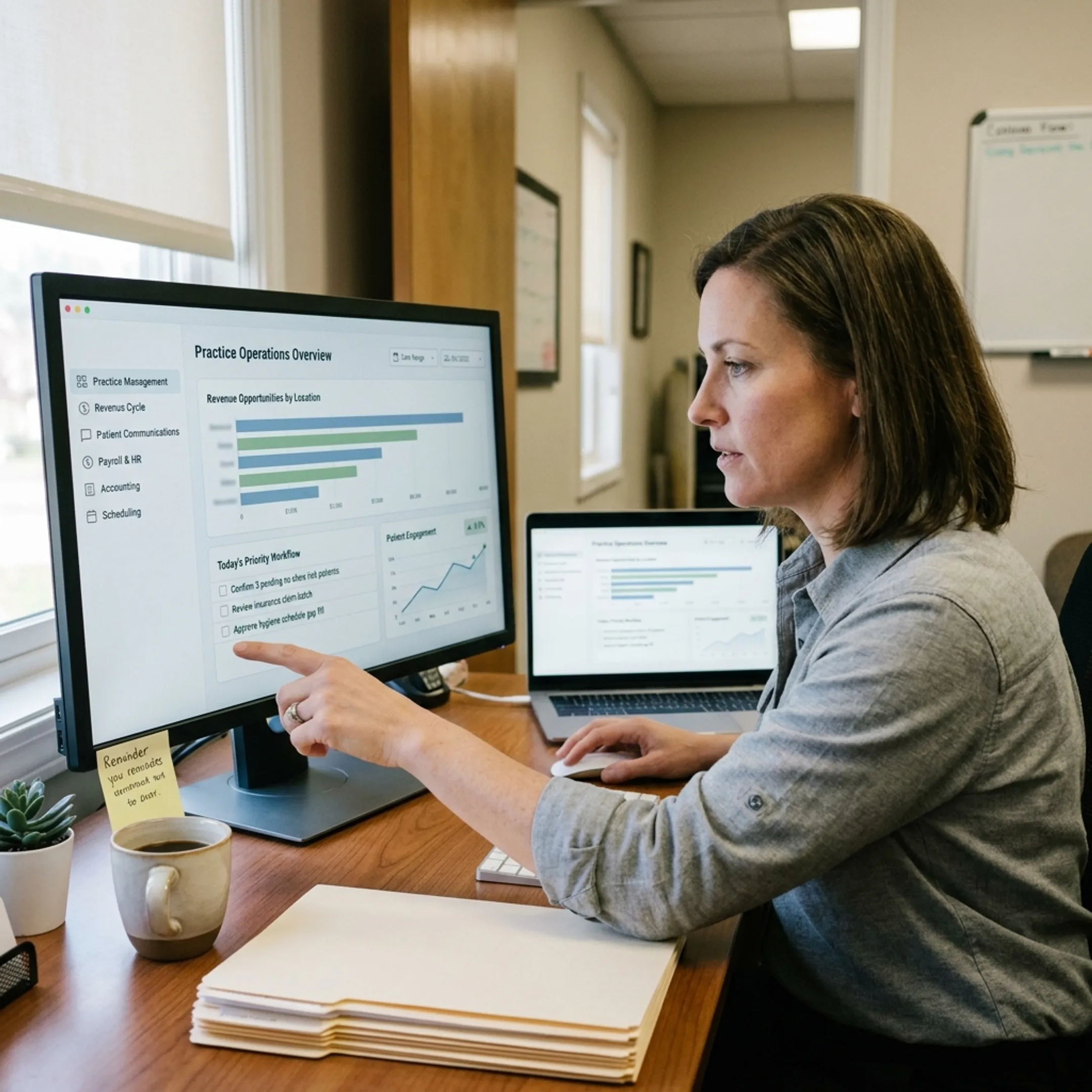 Dental organization manager using an AI operations dashboard