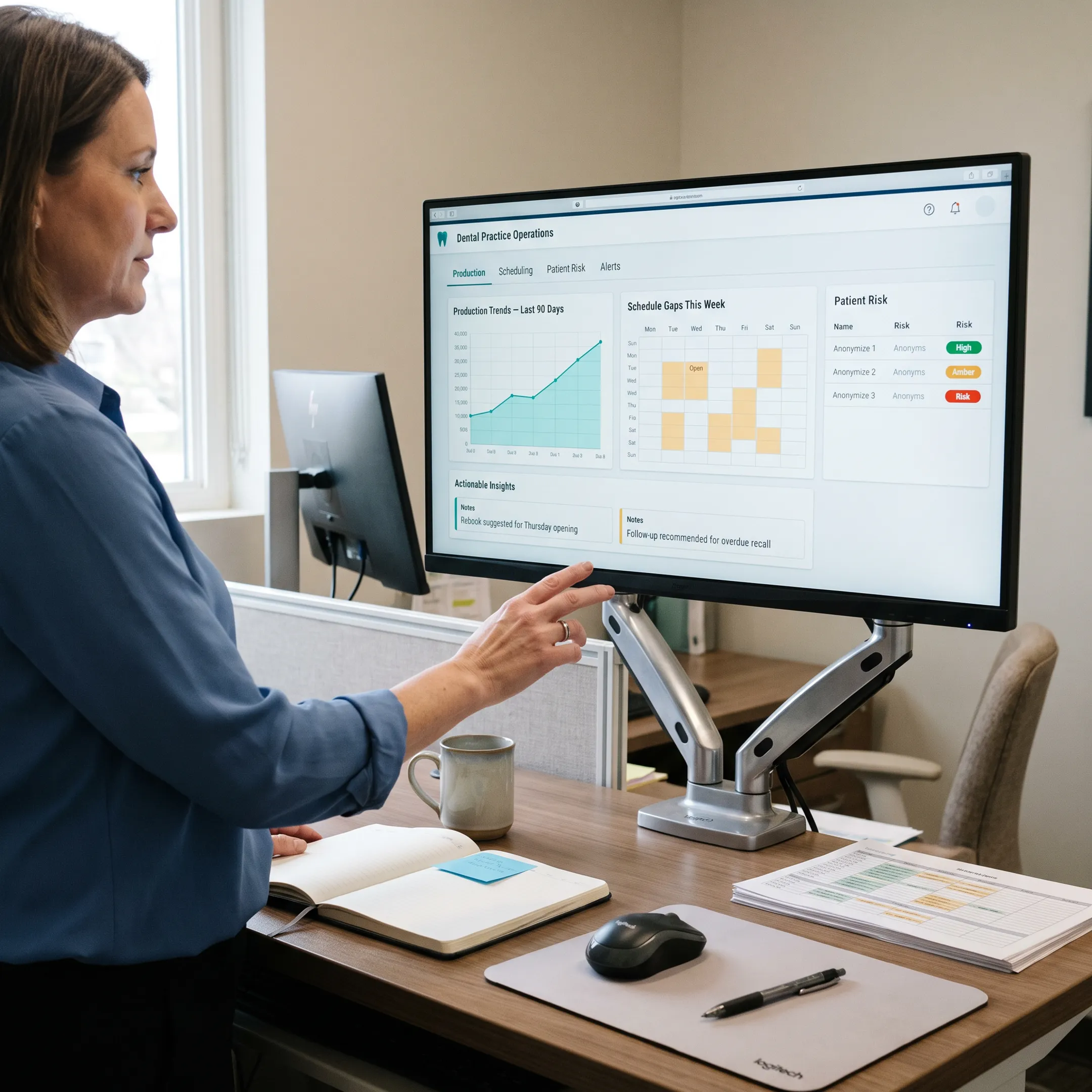Dental operations dashboard displaying predictive insights and performance metrics