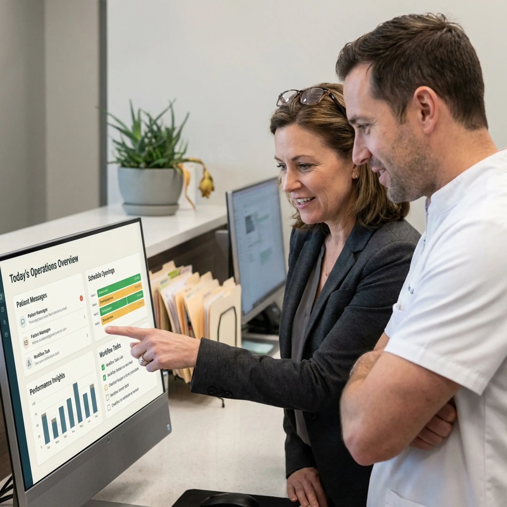 Dental team reviewing connected AI practice intelligence and patient communication tools
