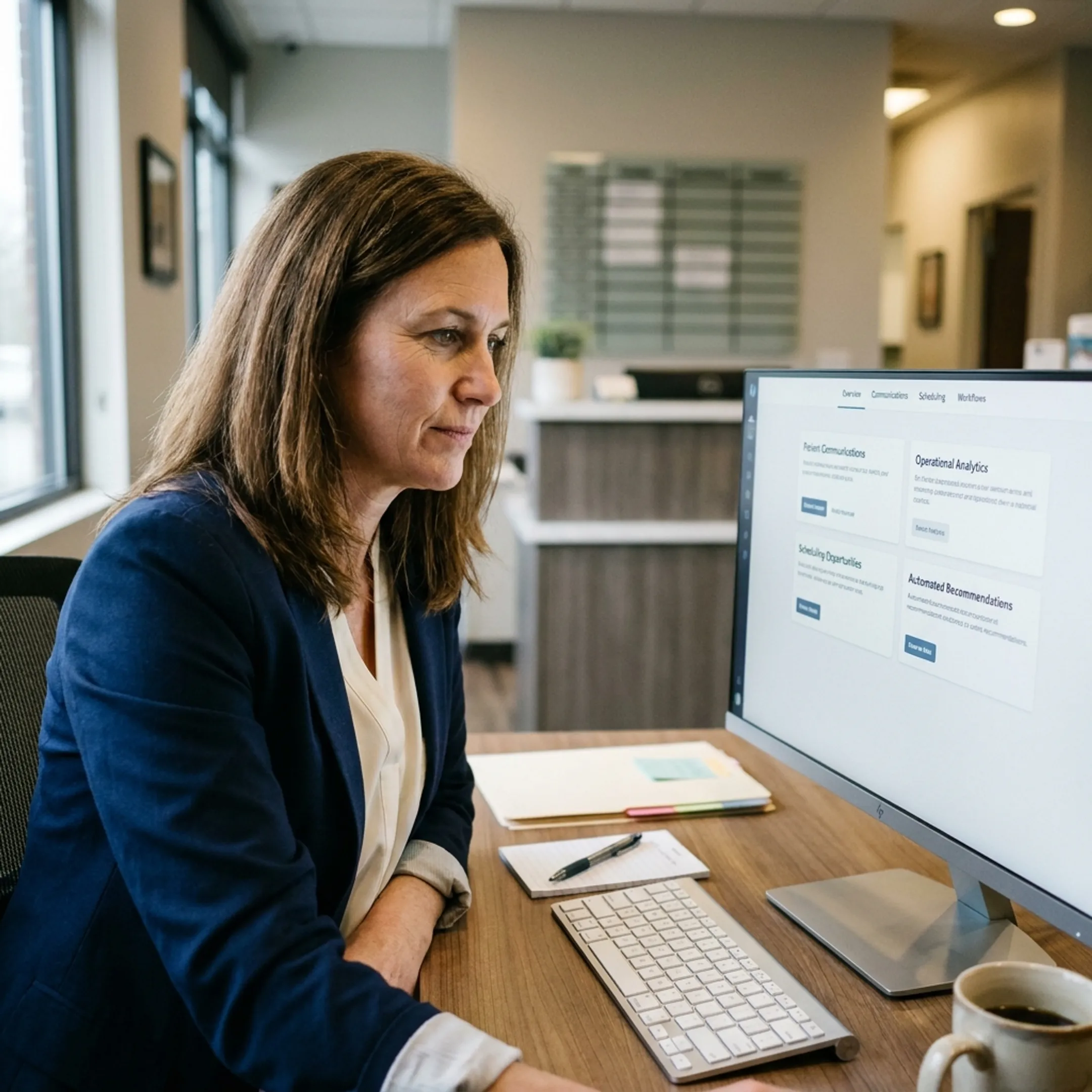 Dental practice manager reviewing connected AI operations and patient outreach insights