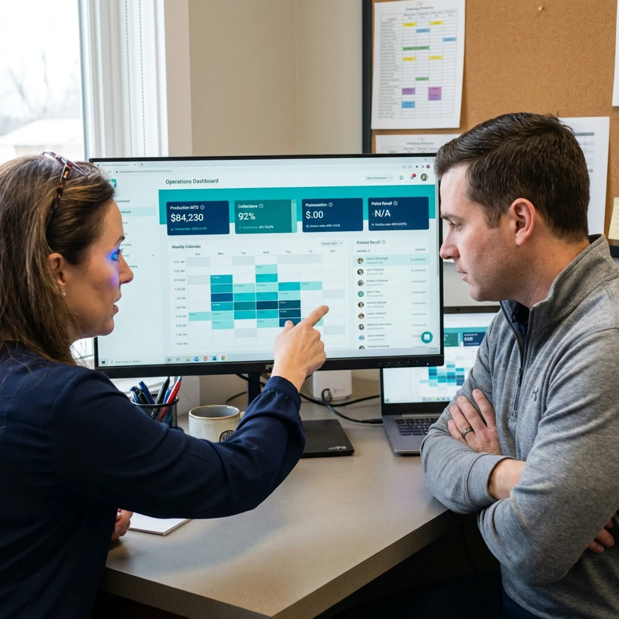 Dental team reviewing connected AI practice operations dashboard