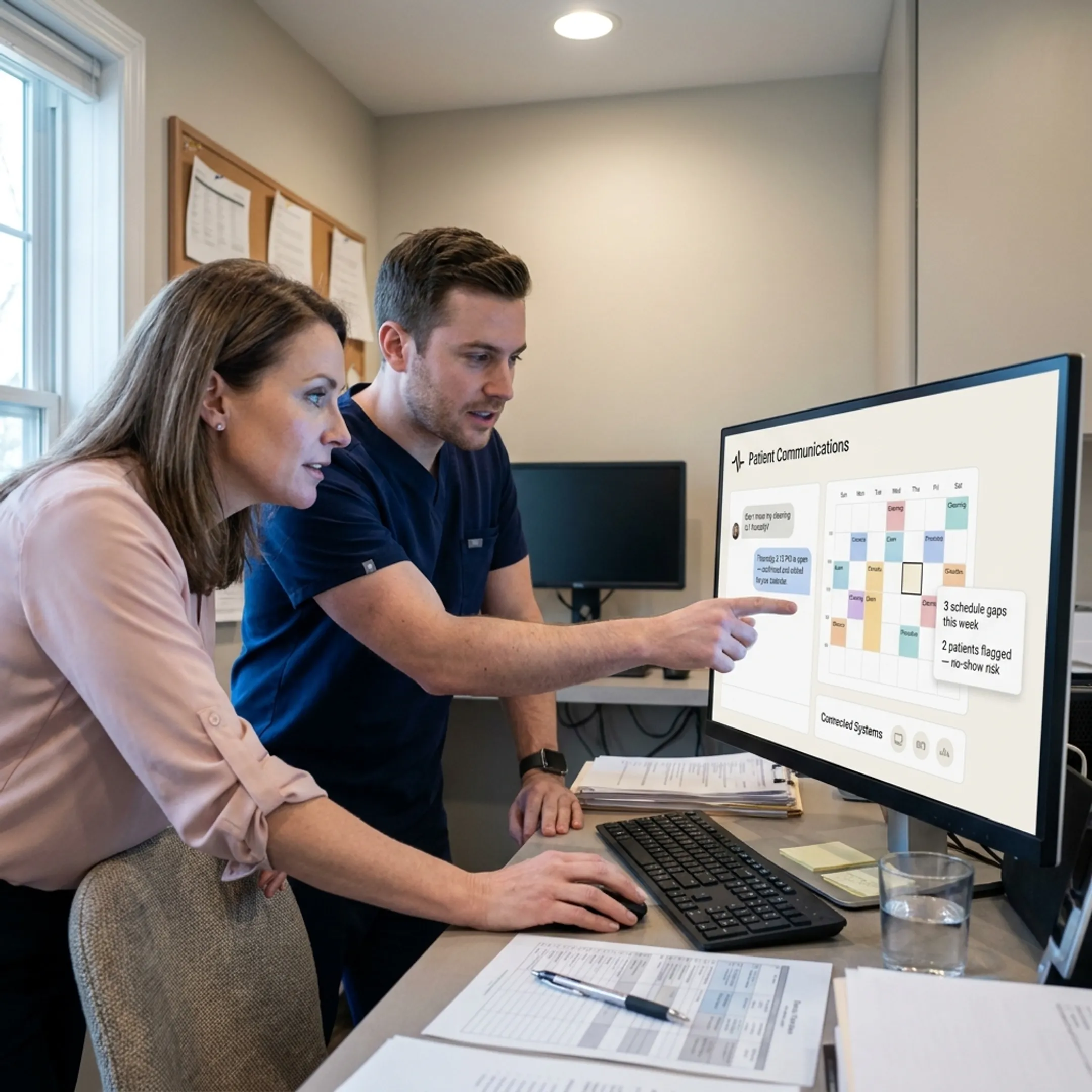 Dental team reviewing AI-powered patient communication tools