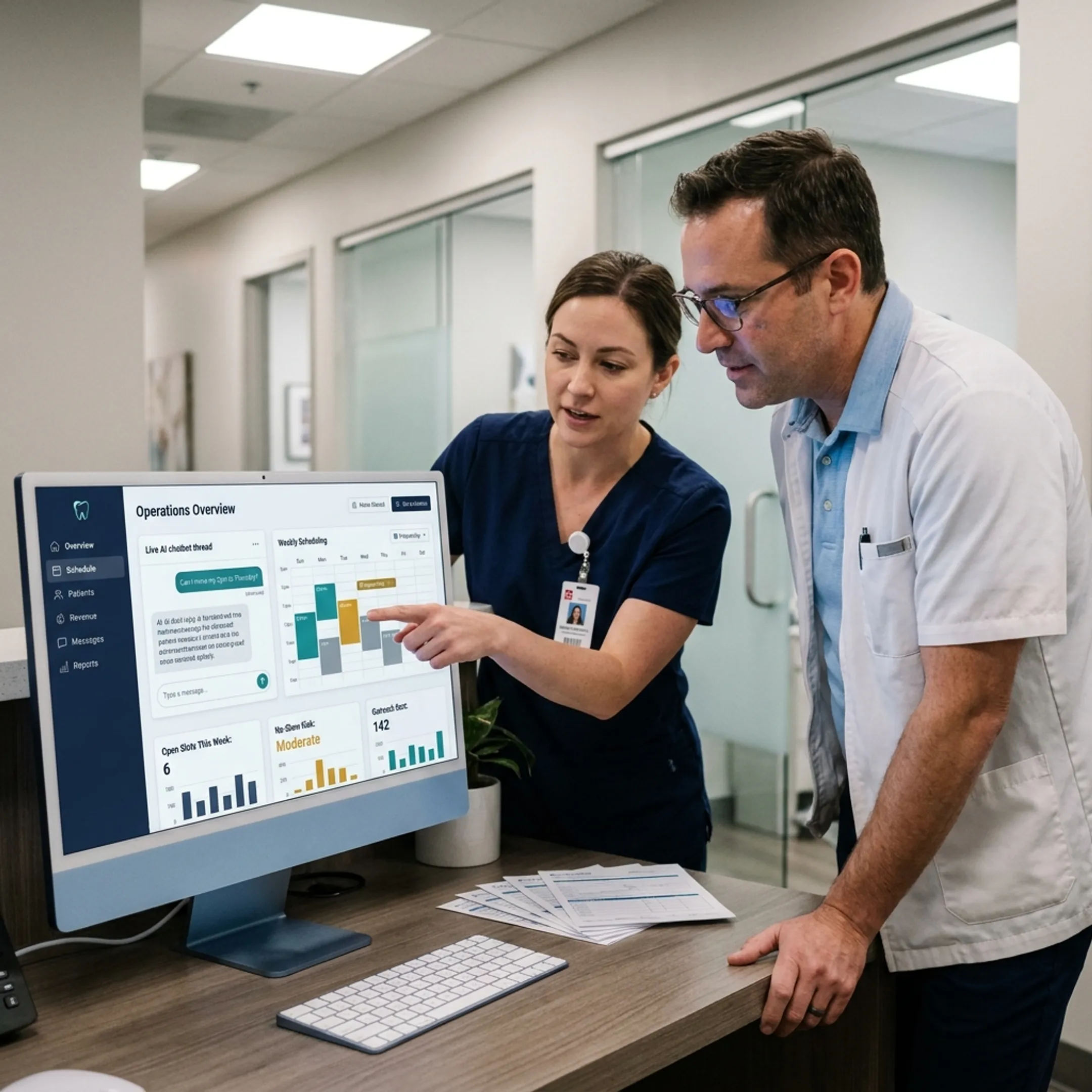 Dental team reviewing an AI chatbot and practice operations dashboard