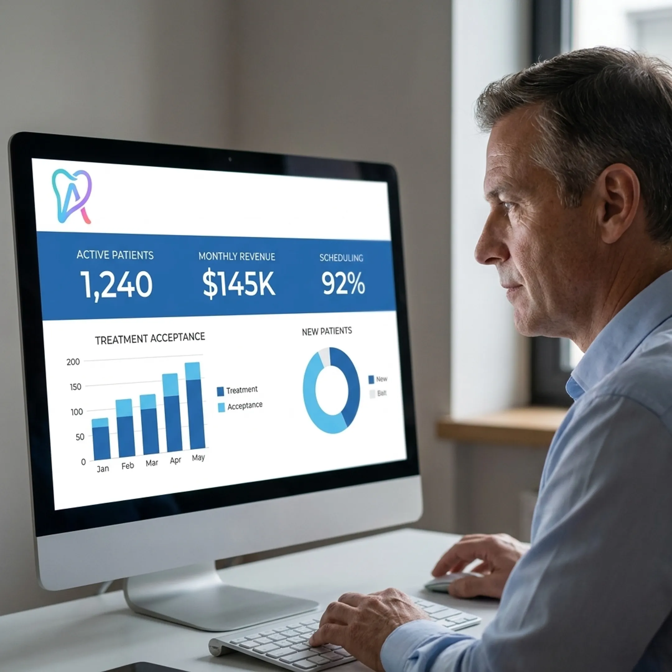Dental operations leader reviewing unified business intelligence and automated workflow recommendations