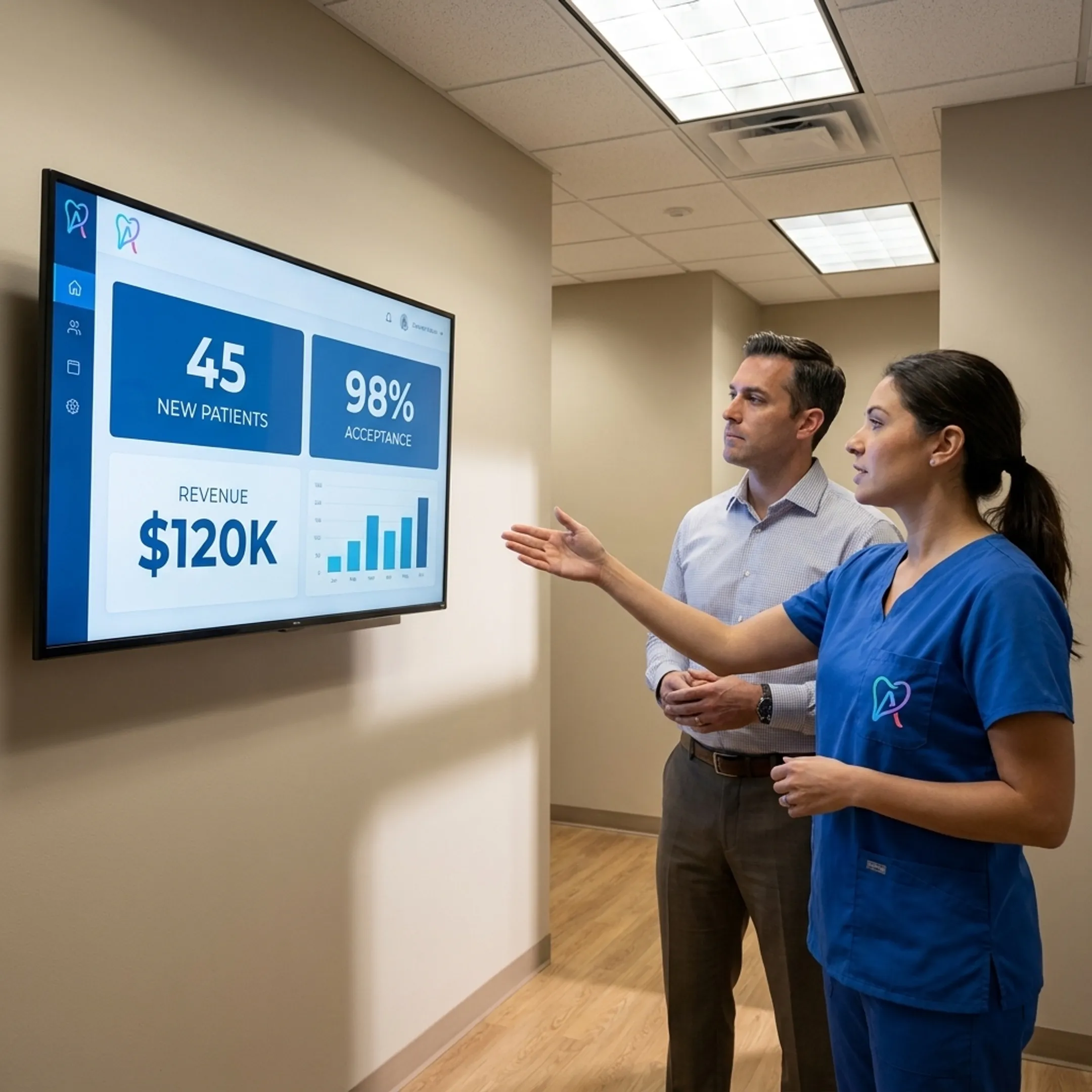 Dental operations team viewing connected practice data and patient engagement tools
