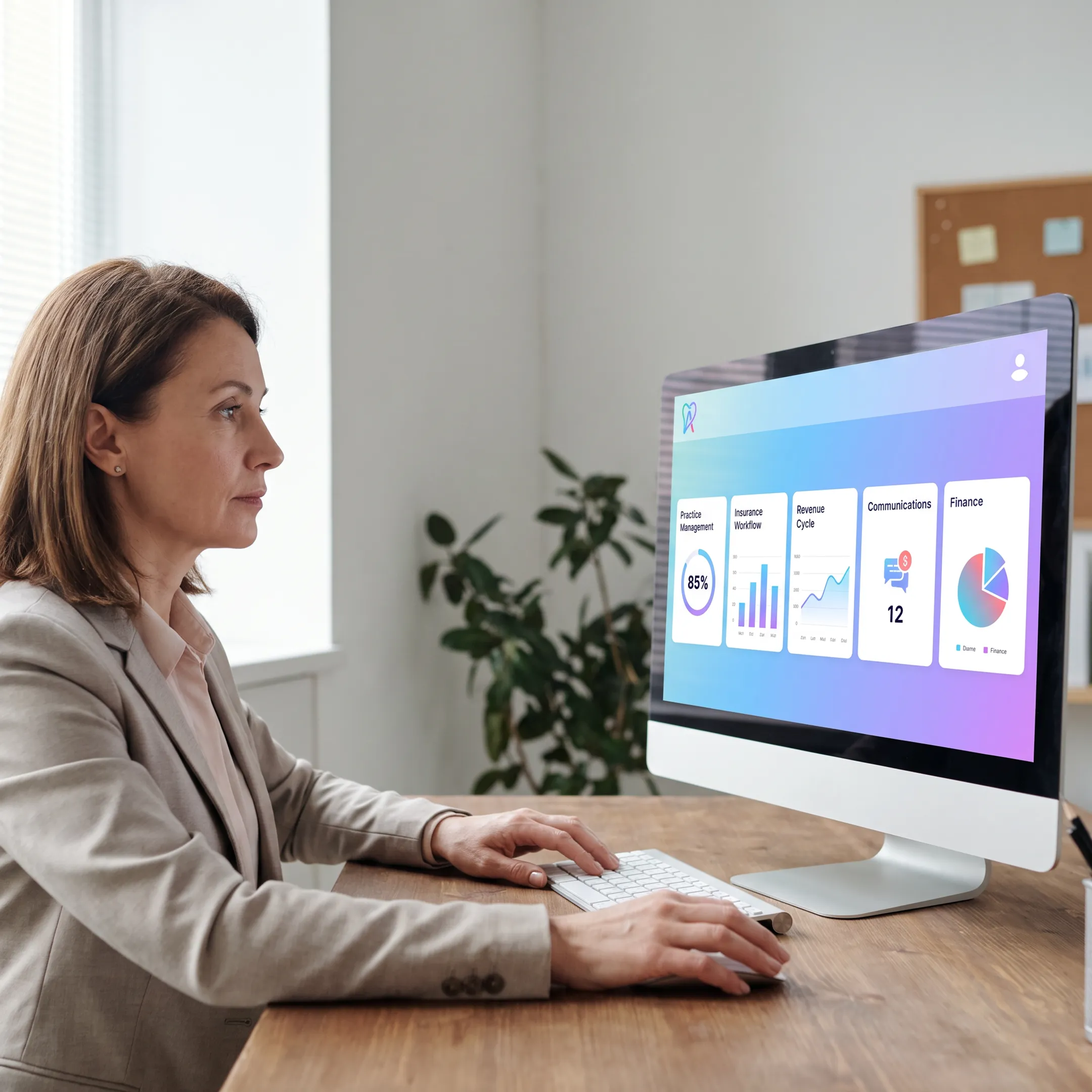 Dental operations manager viewing connected practice data in an AI platform