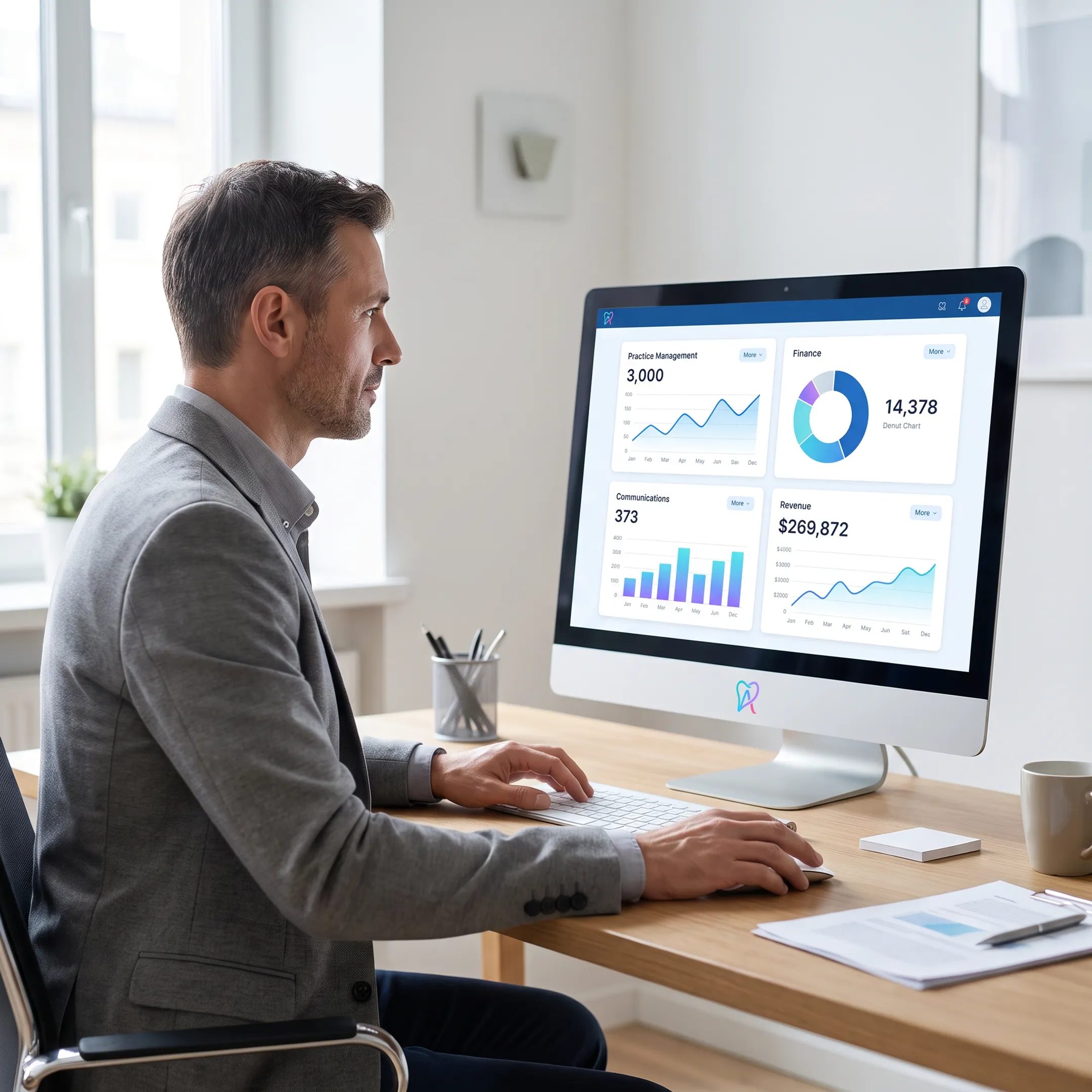 Dental operations manager viewing connected practice intelligence insights