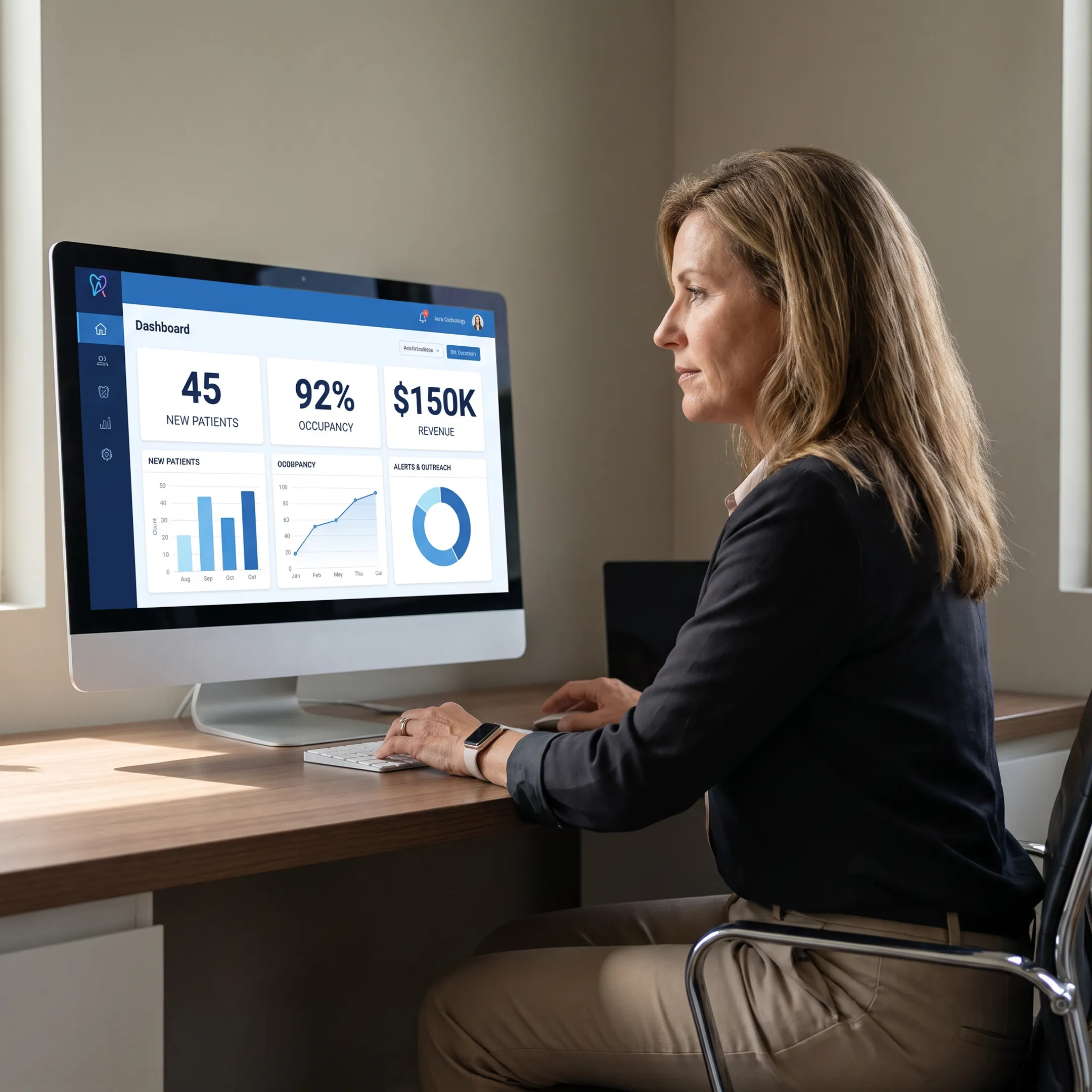 Dental operations manager viewing connected practice intelligence and workflow automation