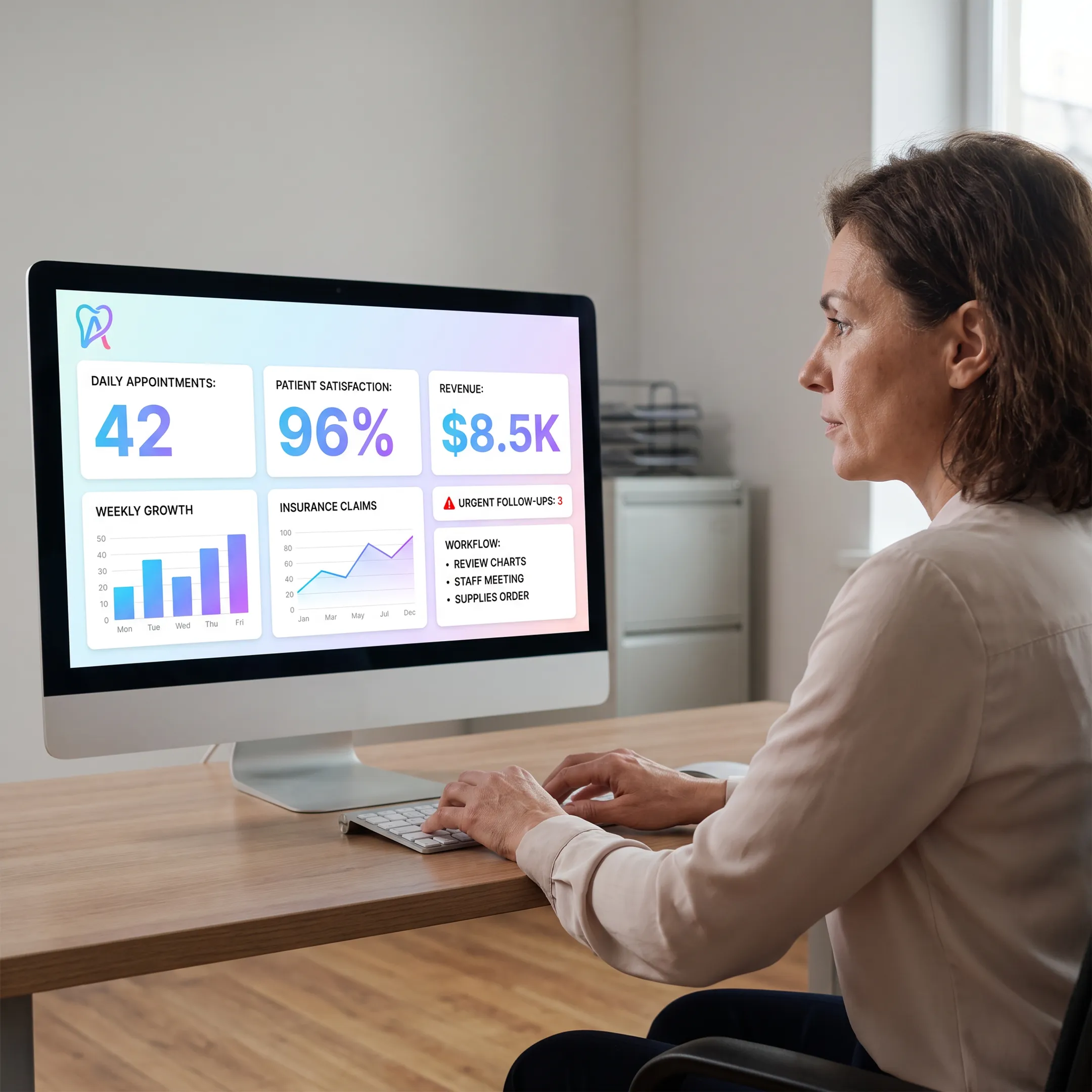 Dental operations manager reviewing connected business intelligence dashboard