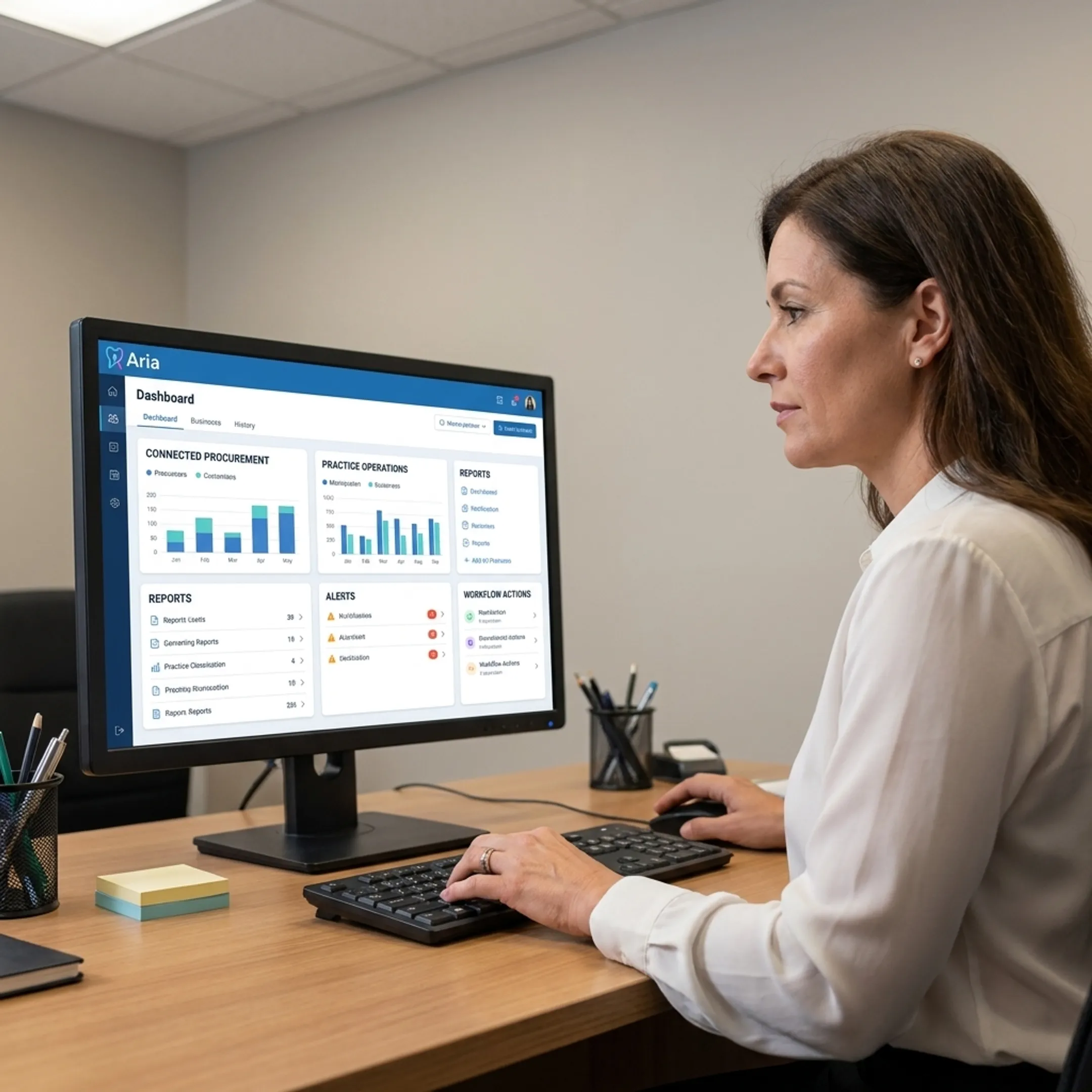 Dental administrator using software to review connected procurement and practice operations