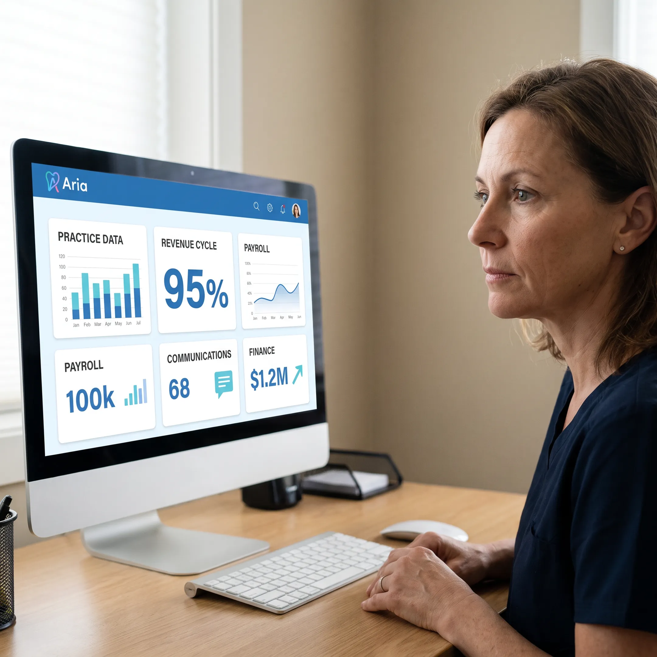 Dental operations leader reviewing connected business systems in an AI software interface