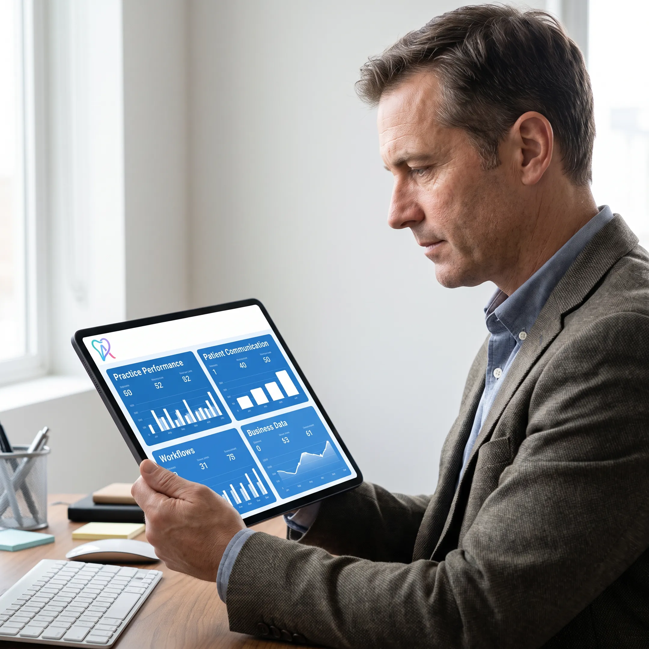 Dental operations leader viewing unified business intelligence and workflow insights