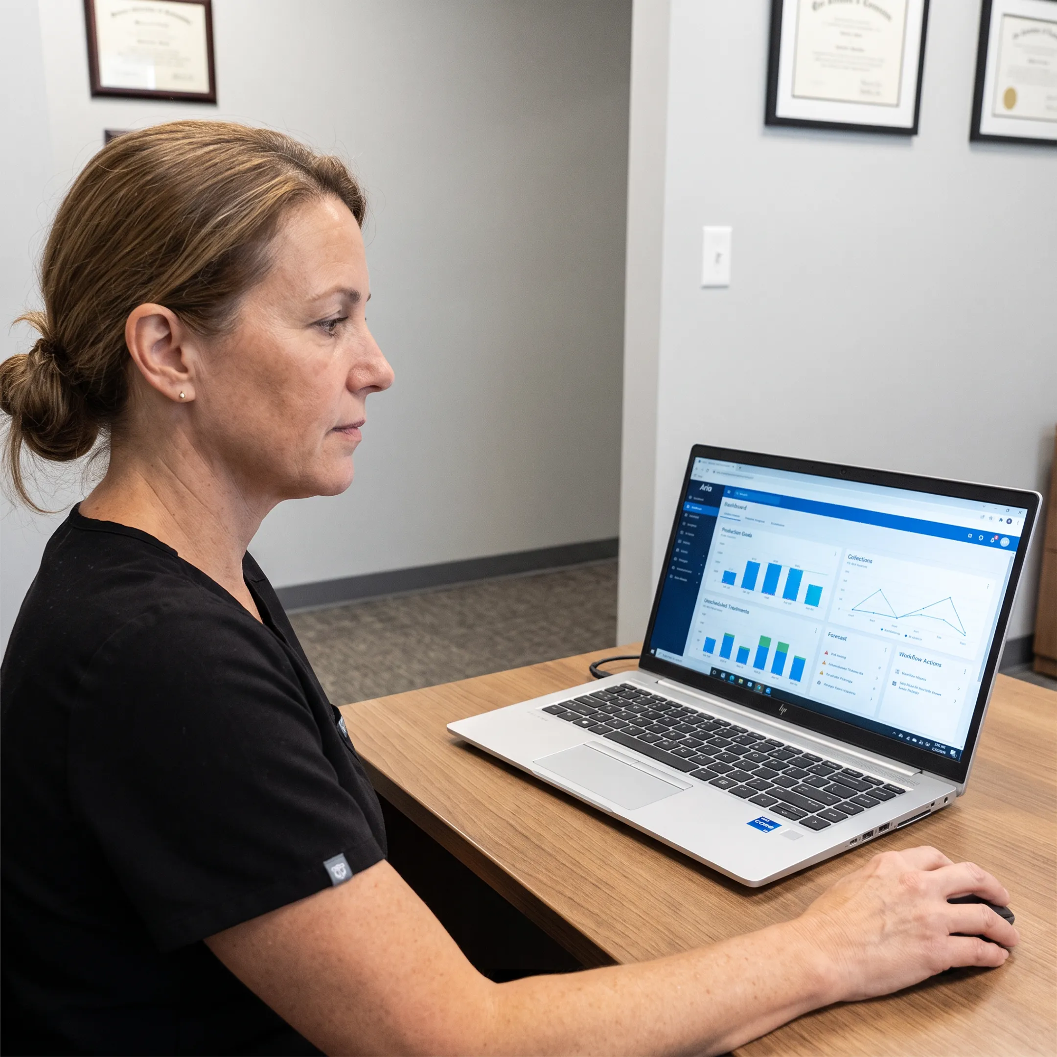 Dental operations leader viewing connected business insights on a digital dashboard