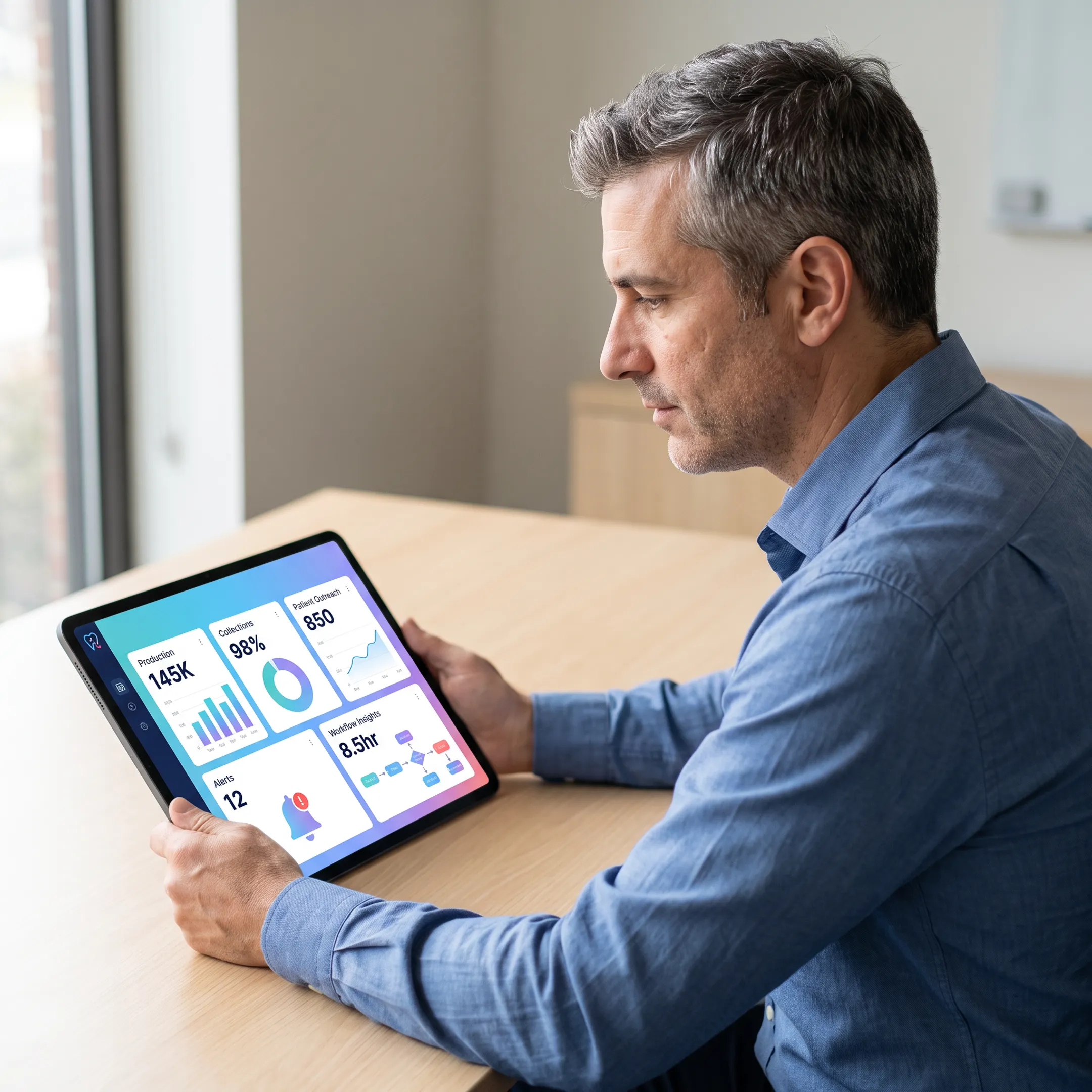Dental operations leader viewing unified practice data and workflow insights