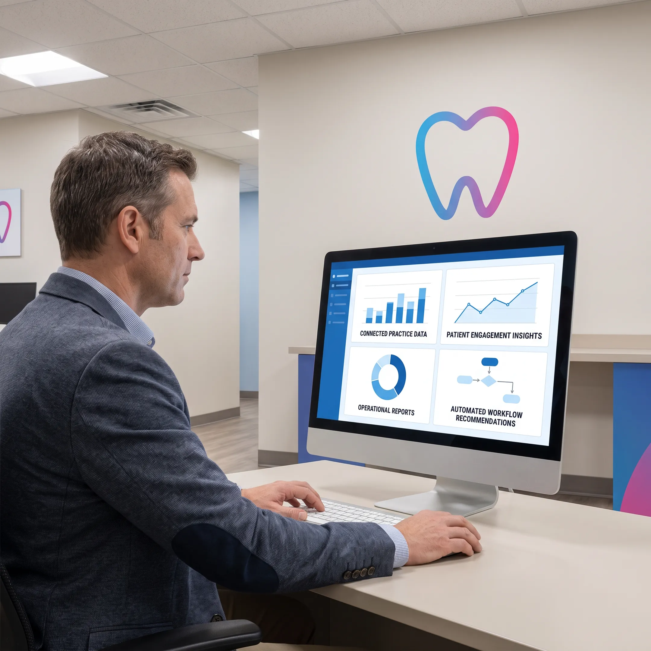 Dental operations manager reviewing connected software insights