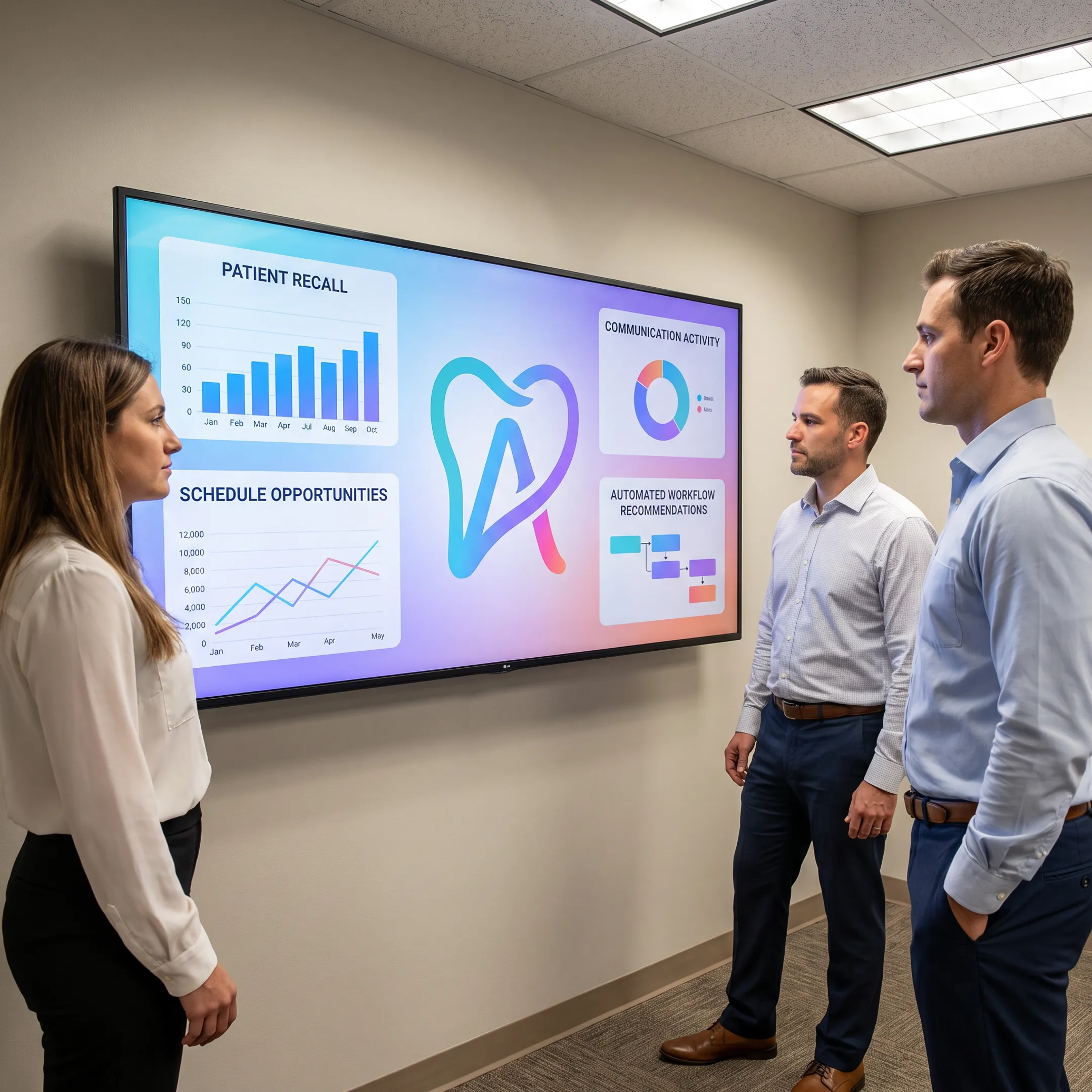 Dental staff reviewing connected patient outreach insights