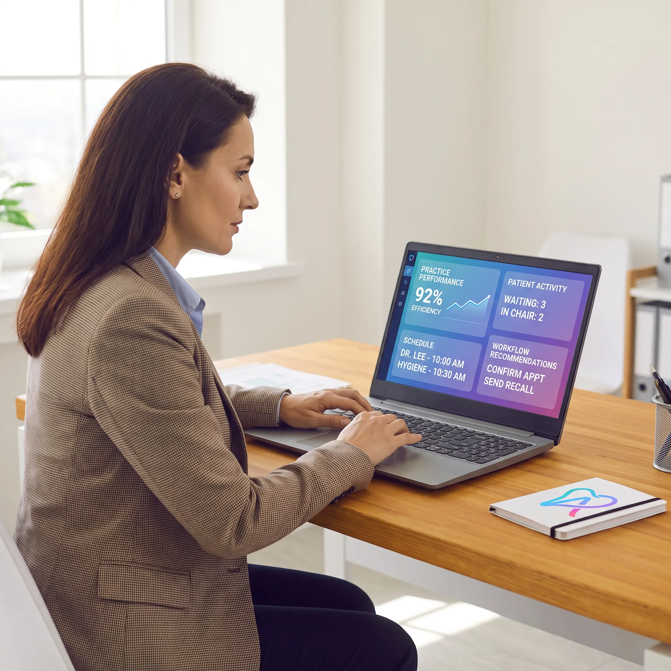 Dental operations leader viewing connected practice performance insights