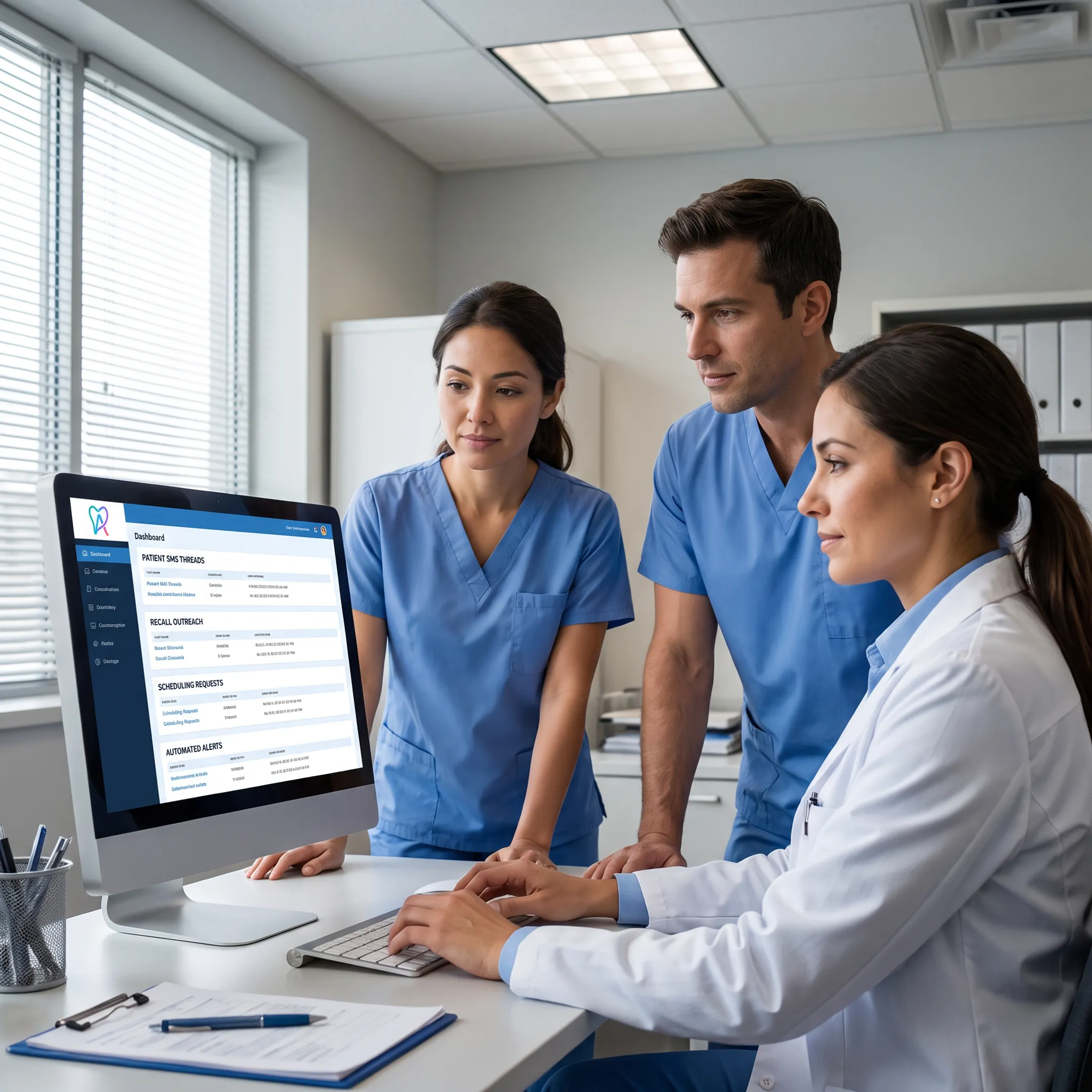 Dental practice team managing connected patient text messages