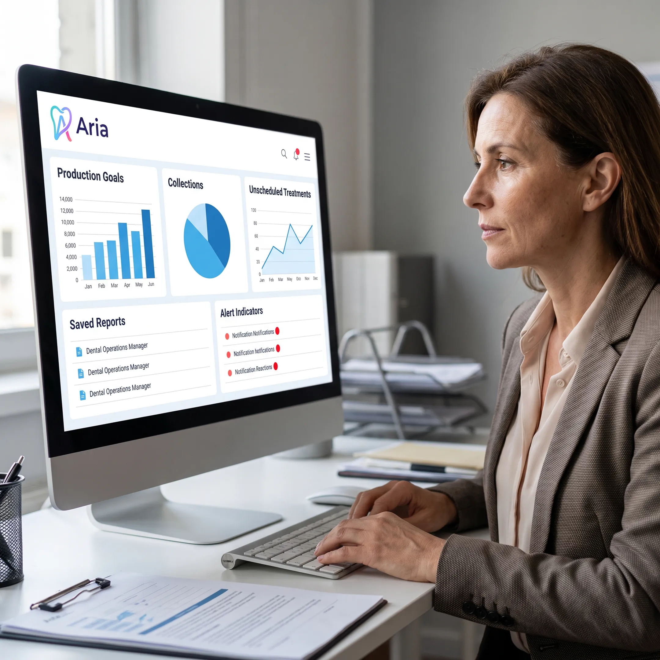 Dental operations manager viewing connected practice analytics dashboards