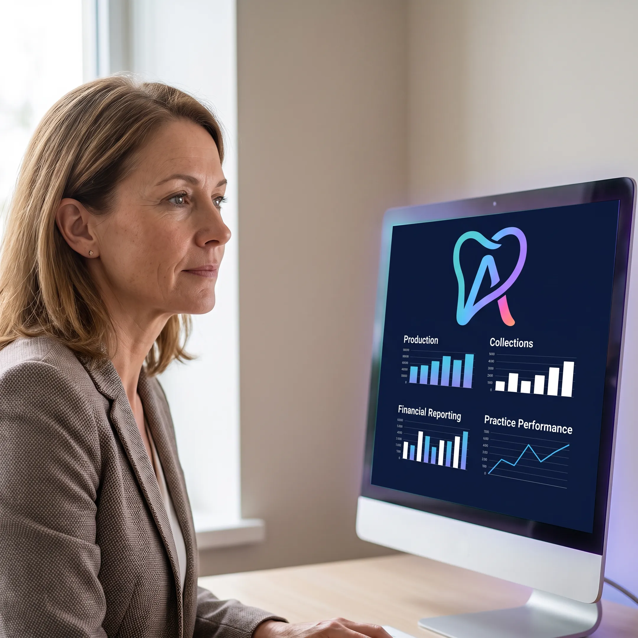 Dental operations manager viewing connected financial and practice performance insights