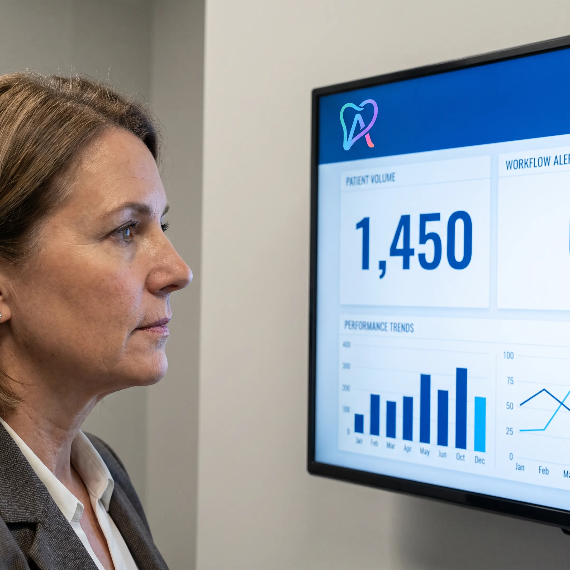 Dental operations manager using an intelligent analytics platform to review practice data