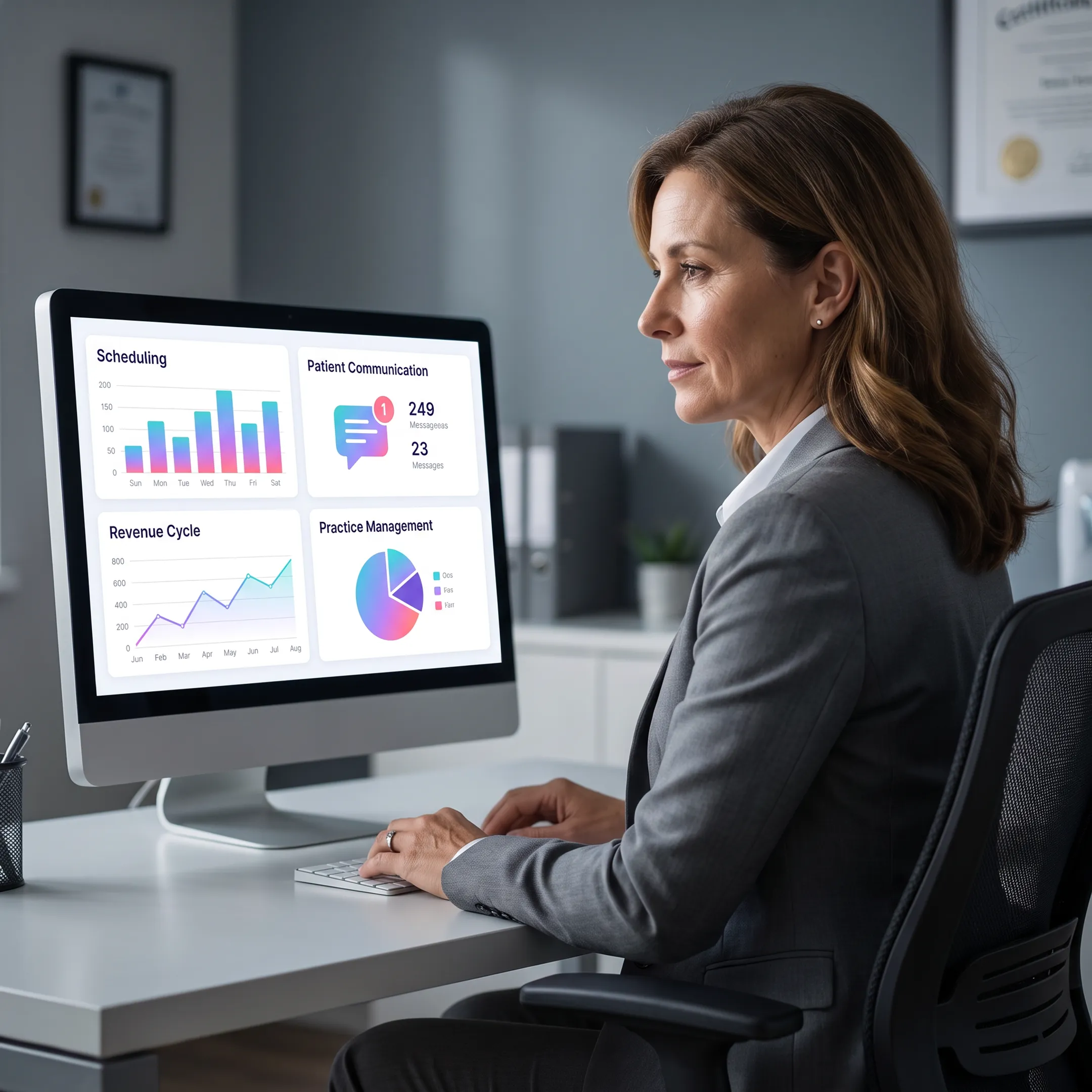 Dental operations manager viewing integrated practice software insights