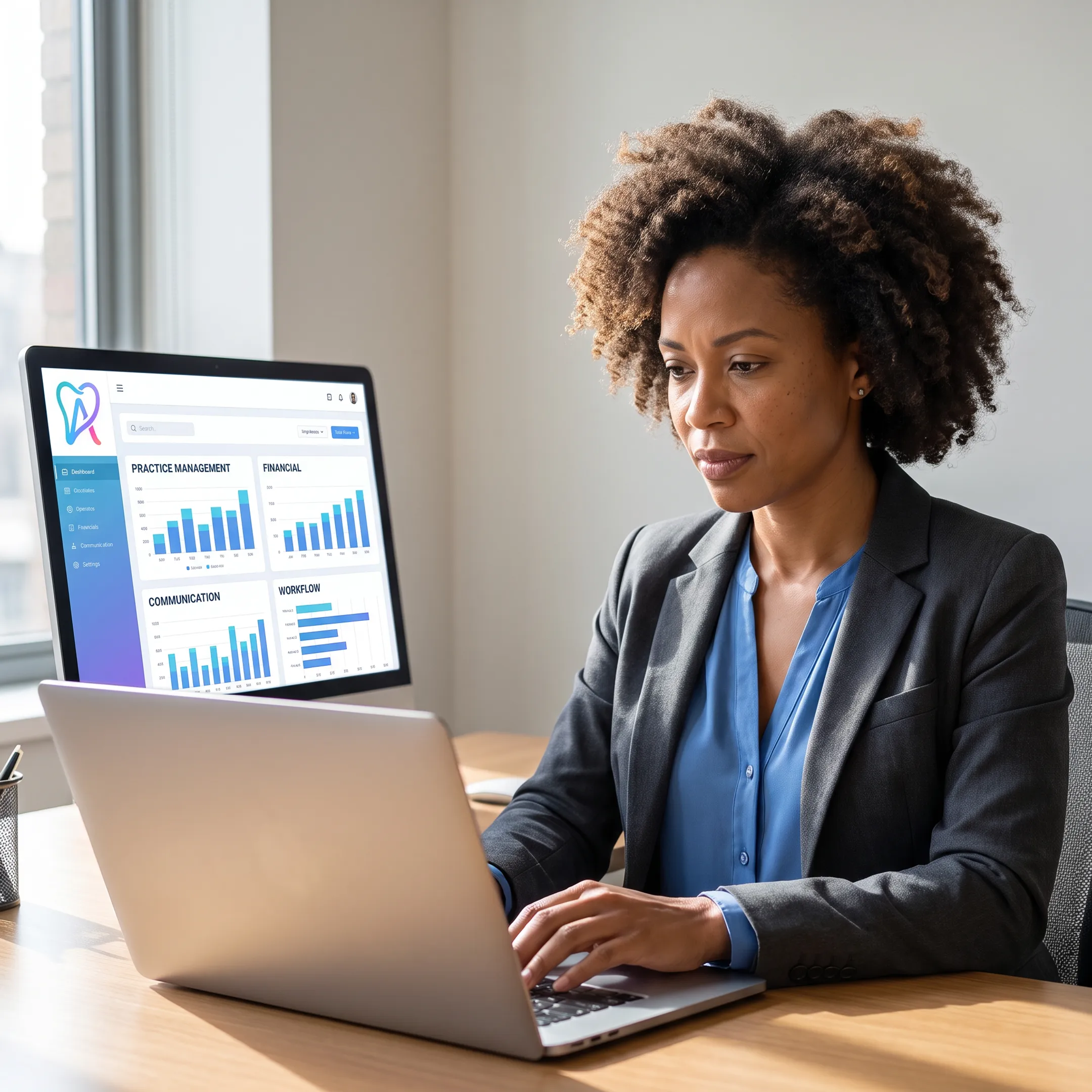 Dental operations leader reviewing connected systems and automated workflow insights