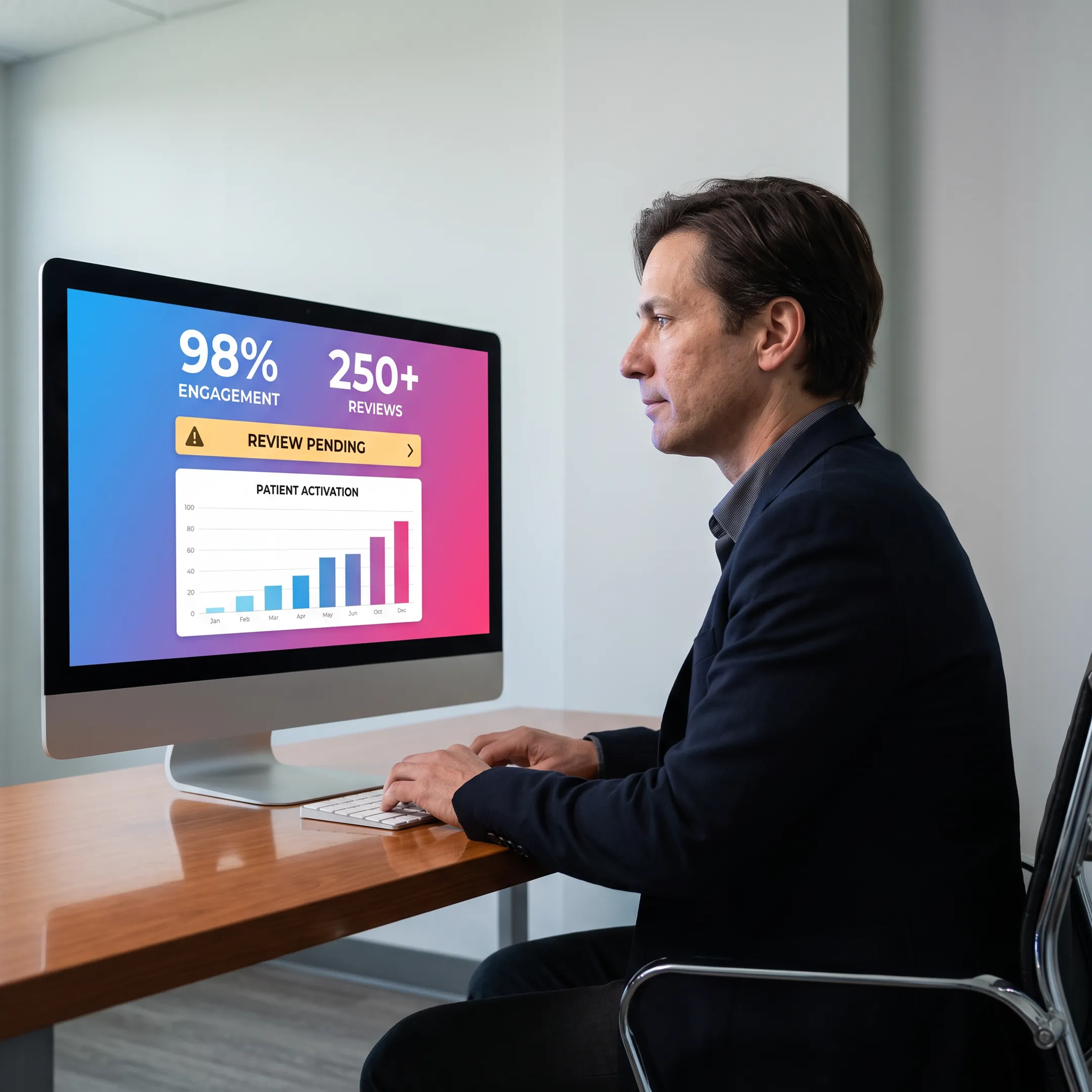 Dental business leader viewing an AI operations dashboard with connected practice insights